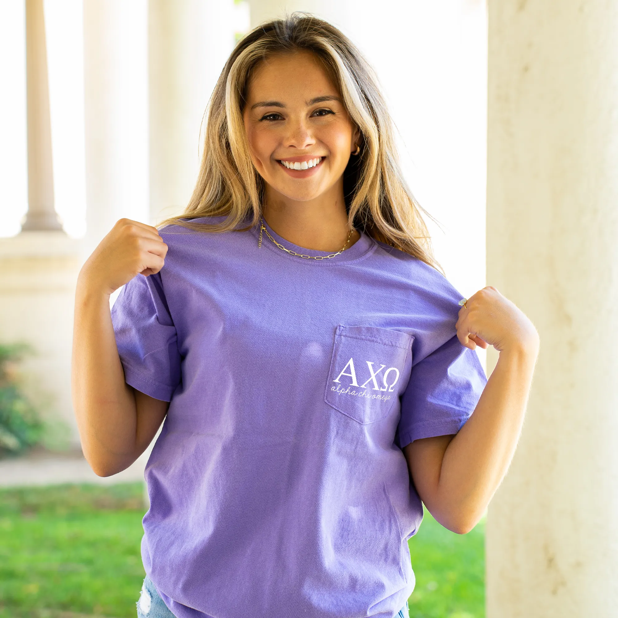 Alpha Chi Omega Script Letters Shirt - Violet
