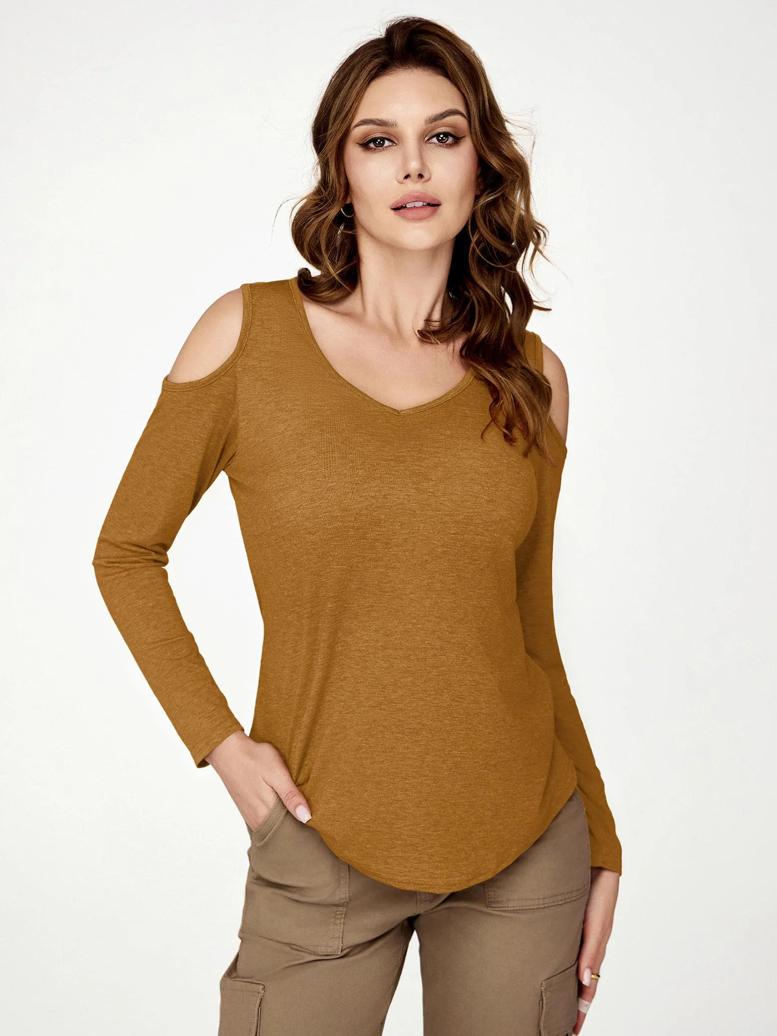 Amoretu Women's V Neck Cold Shoulder Long Sleeve Loose Fit T-Shirt Tops