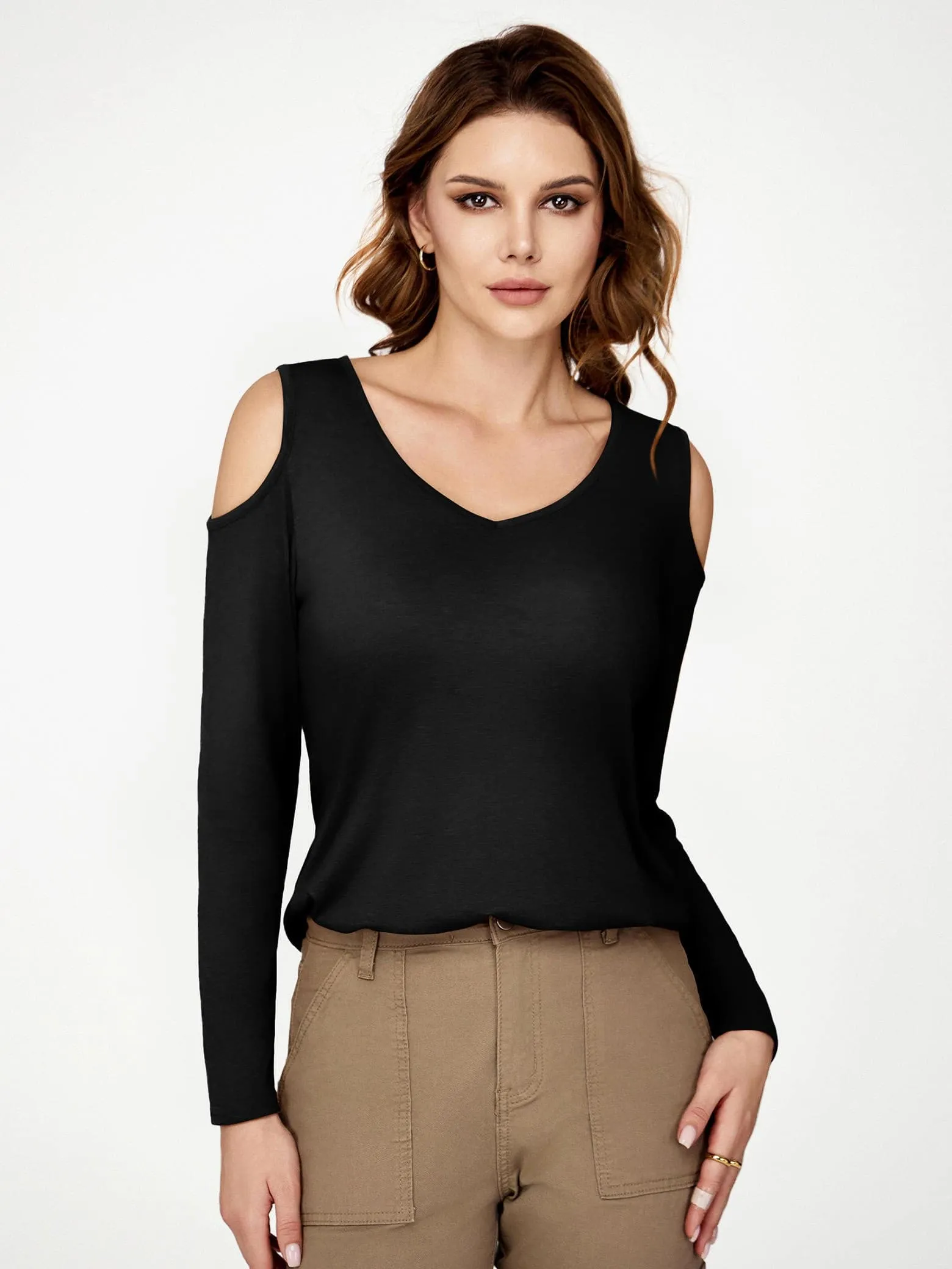 Amoretu Women's V Neck Cold Shoulder Long Sleeve Loose Fit T-Shirt Tops
