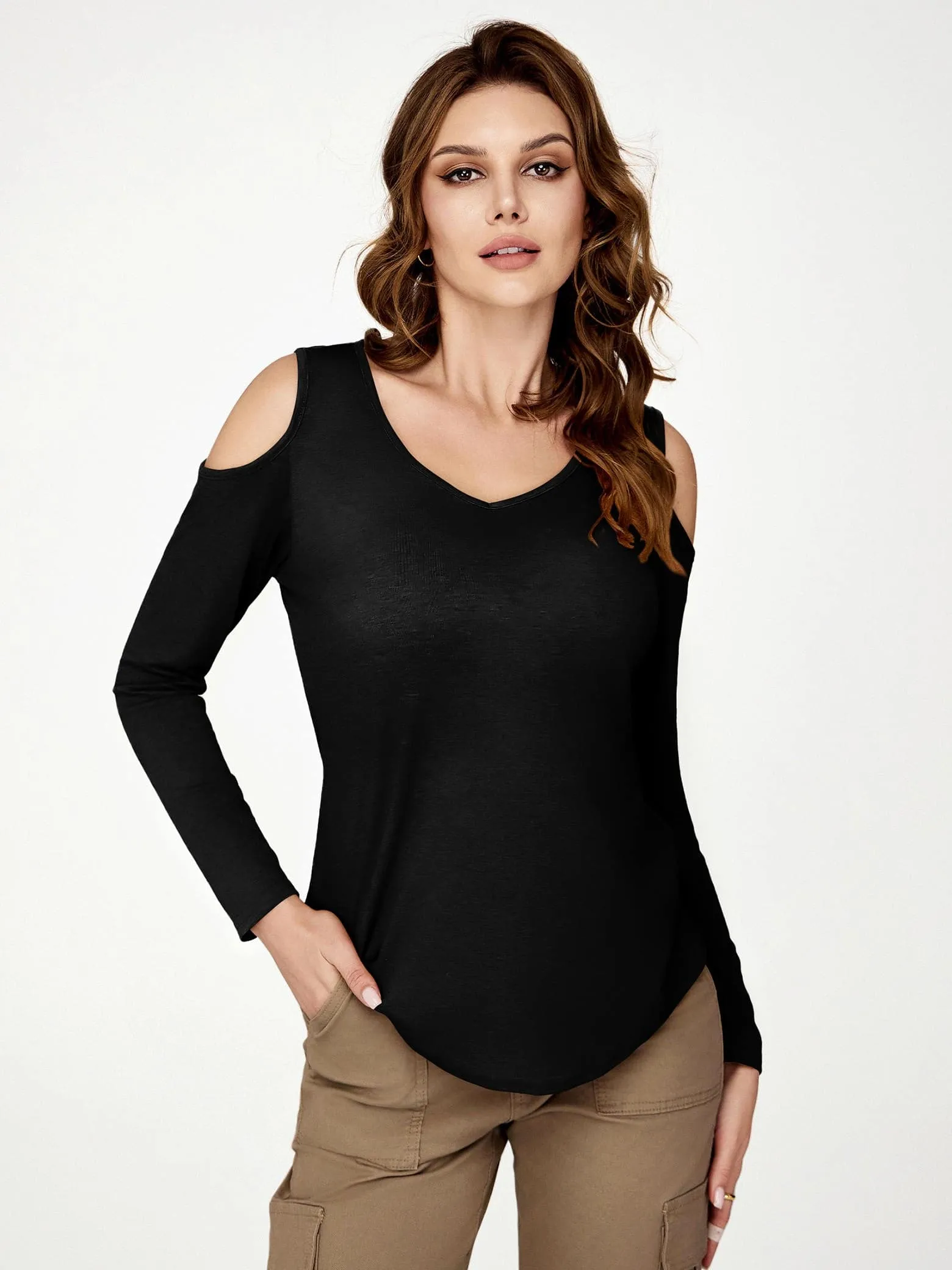 Amoretu Women's V Neck Cold Shoulder Long Sleeve Loose Fit T-Shirt Tops