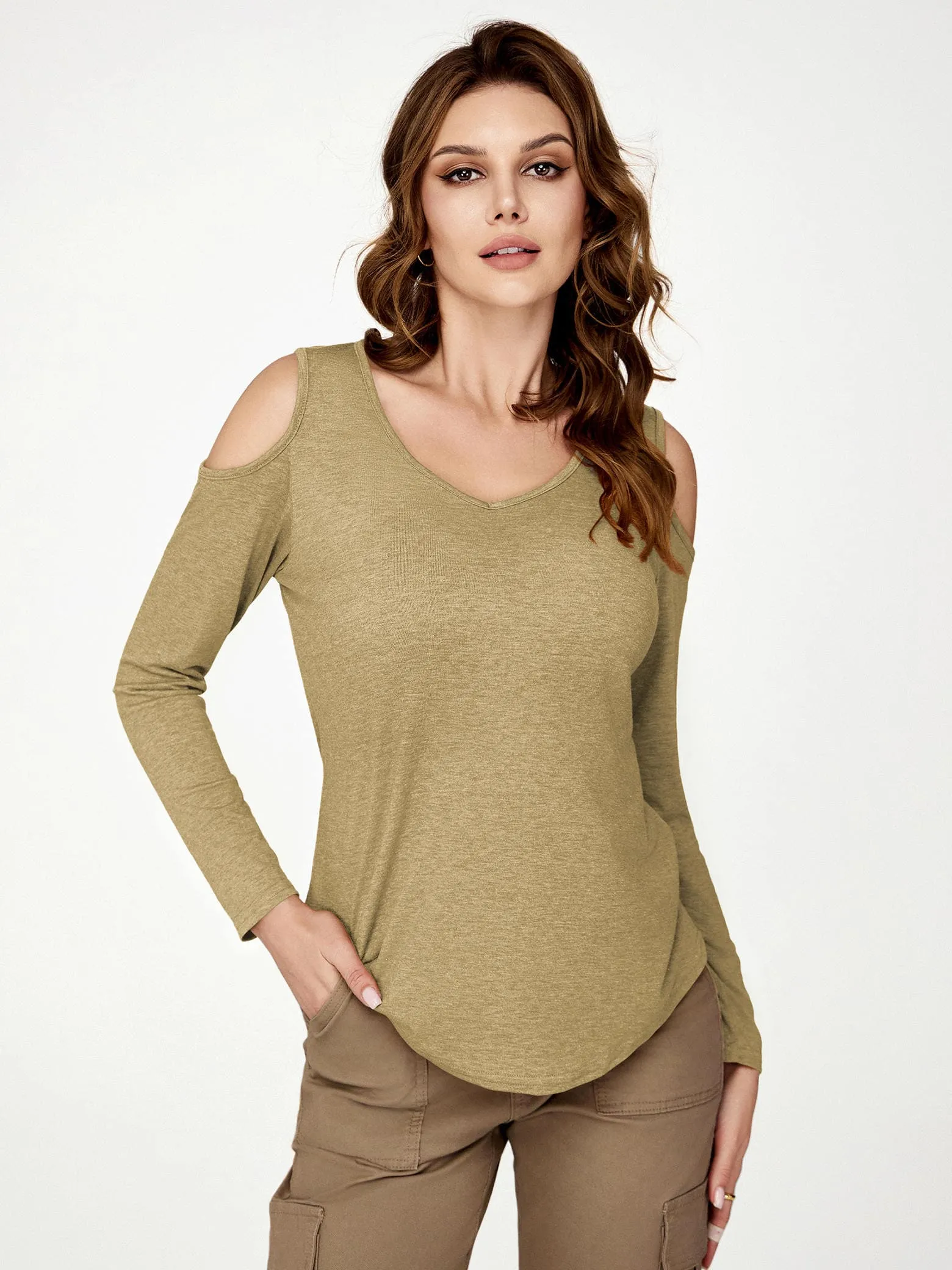 Amoretu Women's V Neck Cold Shoulder Long Sleeve Loose Fit T-Shirt Tops