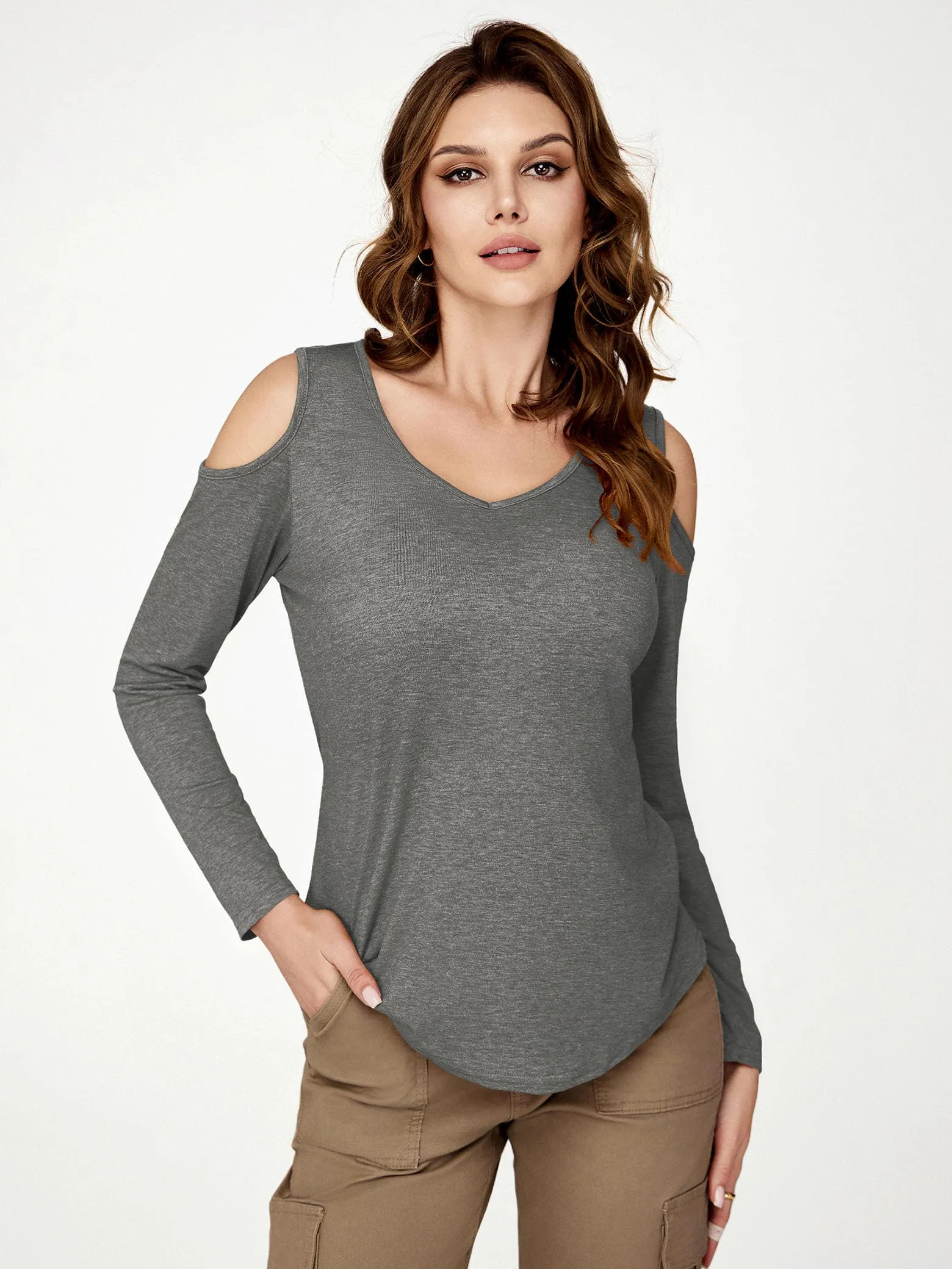 Amoretu Women's V Neck Cold Shoulder Long Sleeve Loose Fit T-Shirt Tops