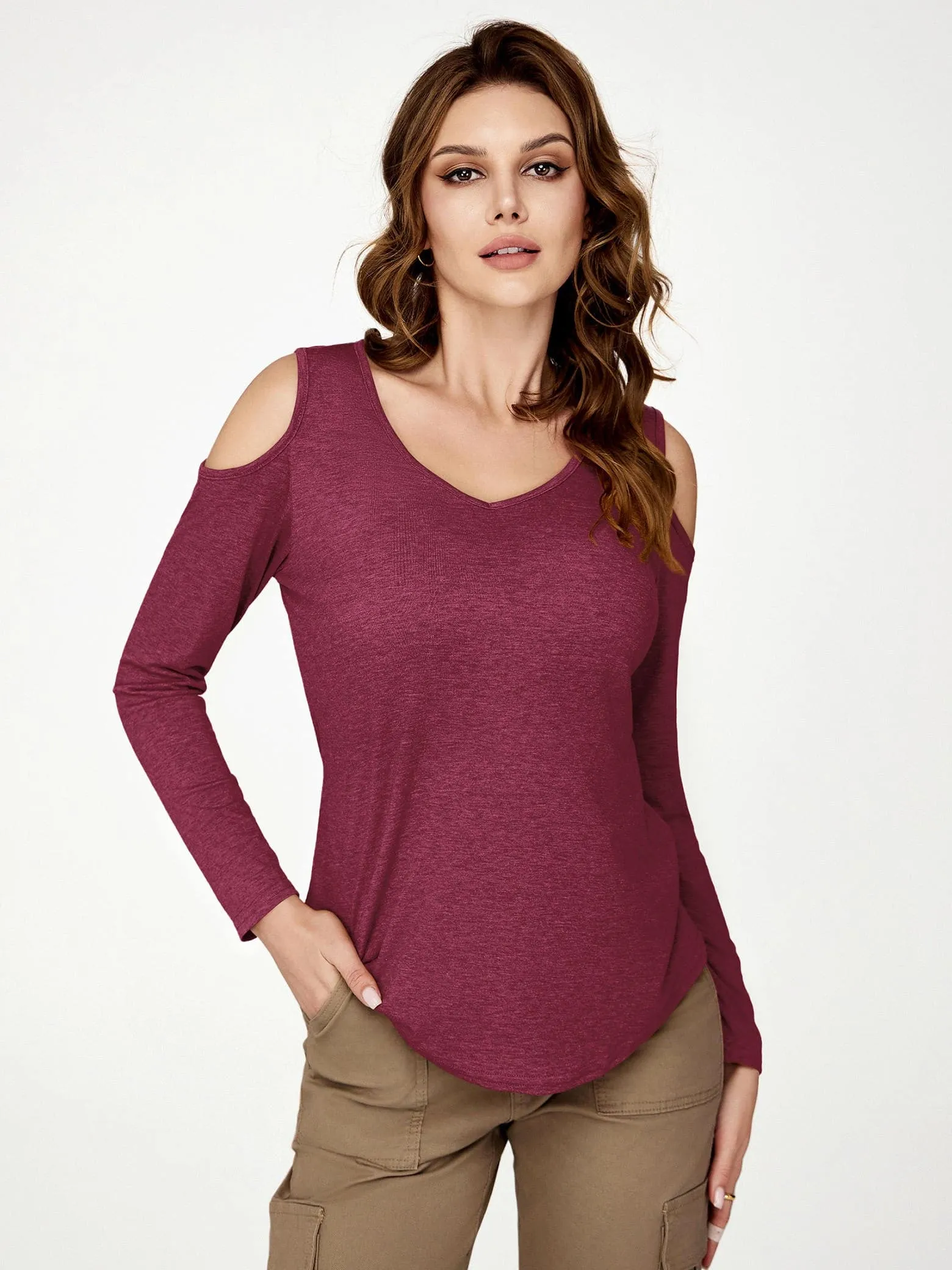 Amoretu Women's V Neck Cold Shoulder Long Sleeve Loose Fit T-Shirt Tops