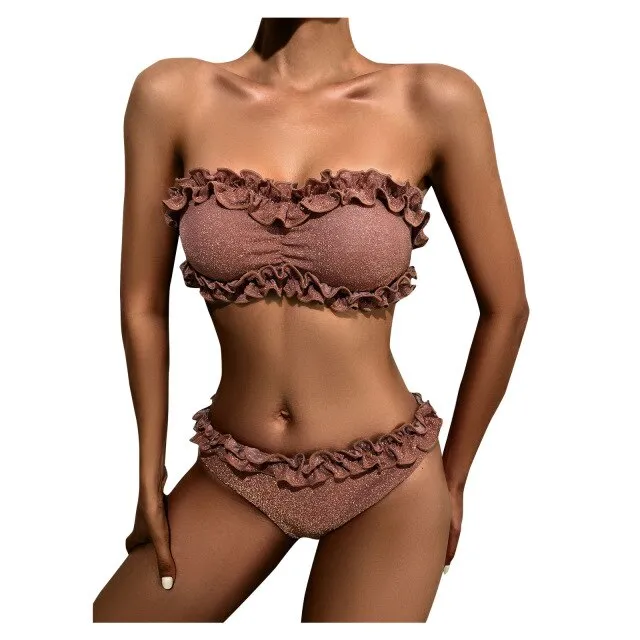 Bandeau Women Sexy Bikini Set Ruffled Low Waist Bikinis Push Up Padded Brazilian Swimwear Solid Color Swimsuit Beachwear