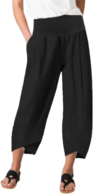 Binmer Women Capri Pants 2024 Summer Trendy Linen Cropped Trouser with Pockets Fashion Casual High Waist Beach Capris Clothes