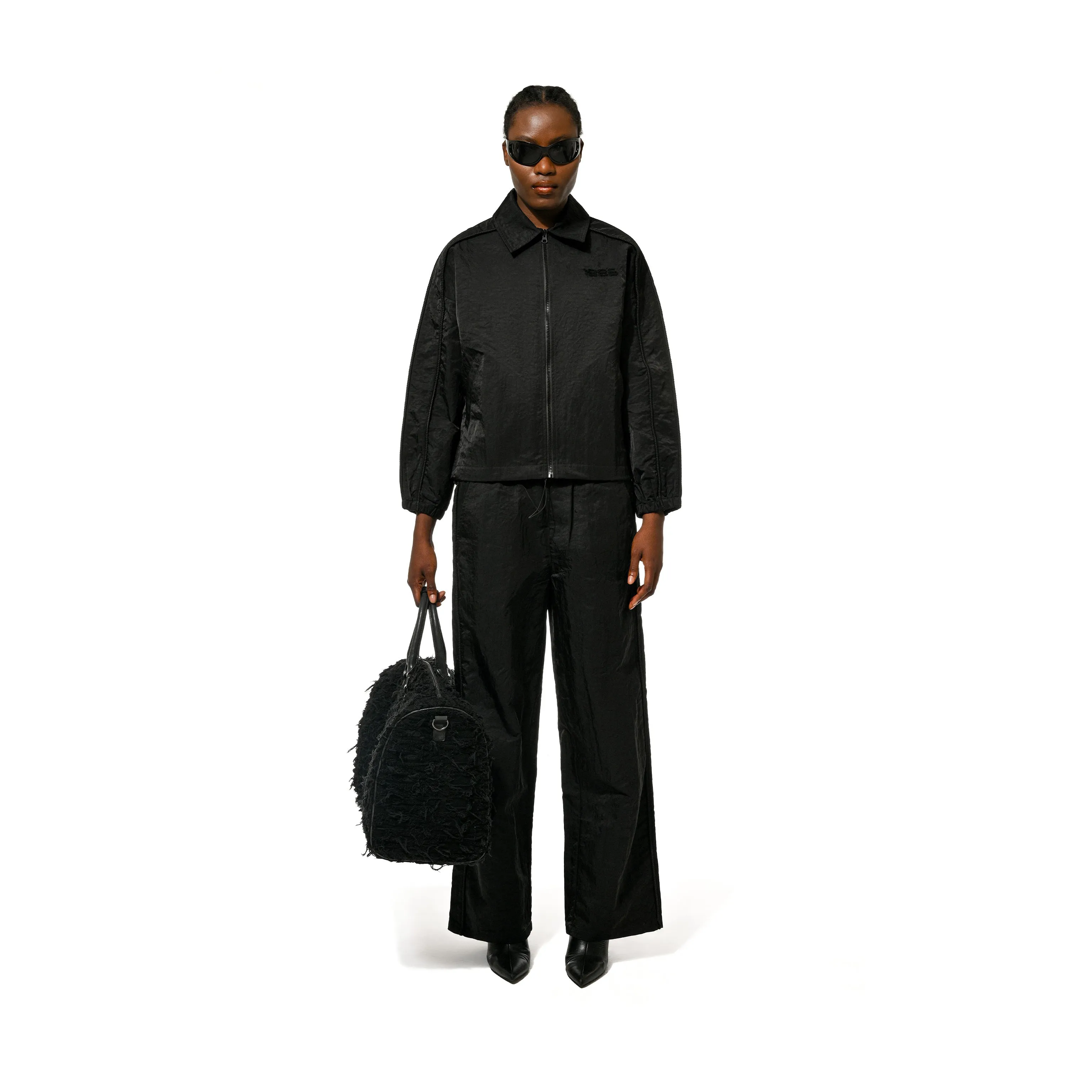 CRUSHED SATIN BLOUSON - BLACK