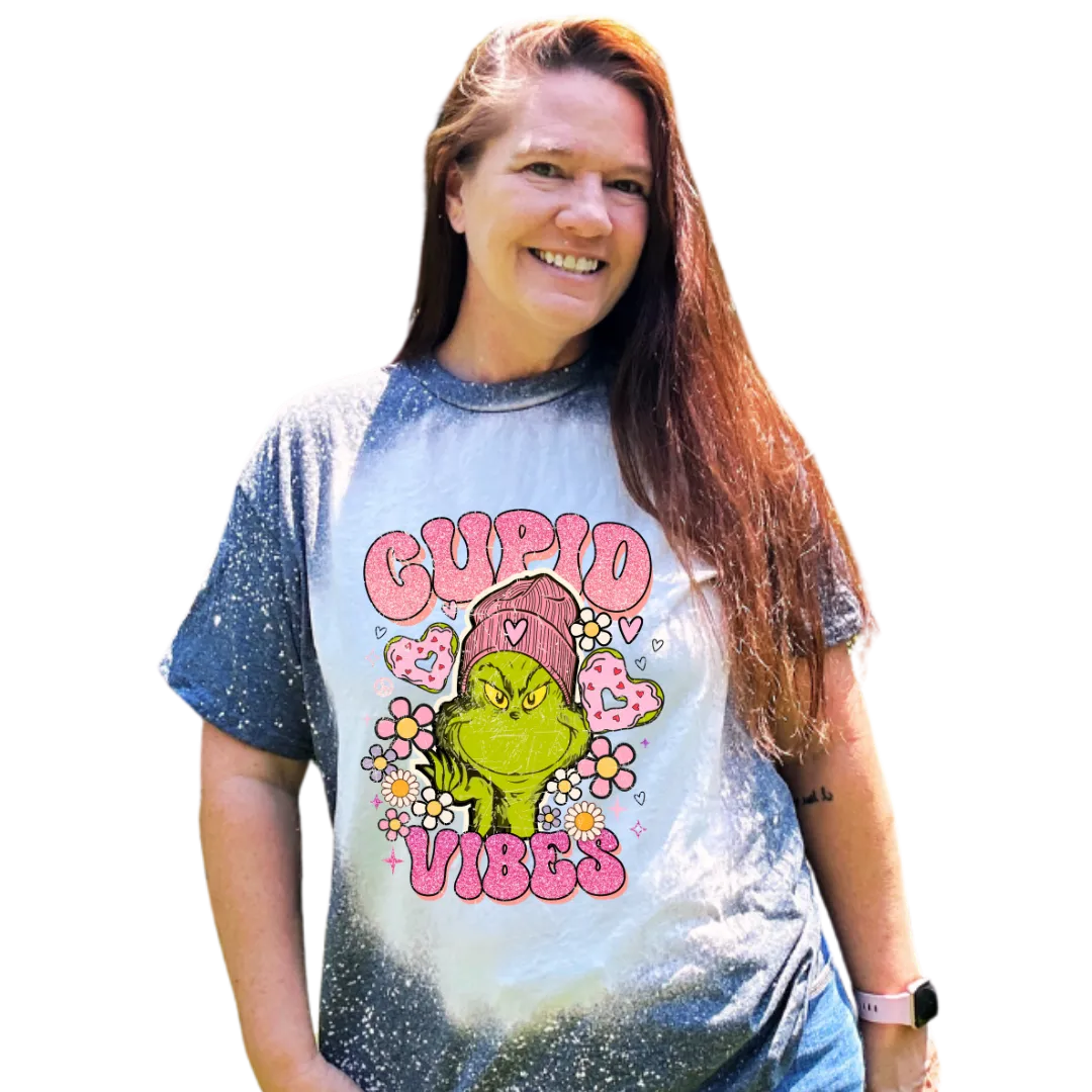 Cupid Vibes Grinch Valentines Custom Bleached T-Shirt
