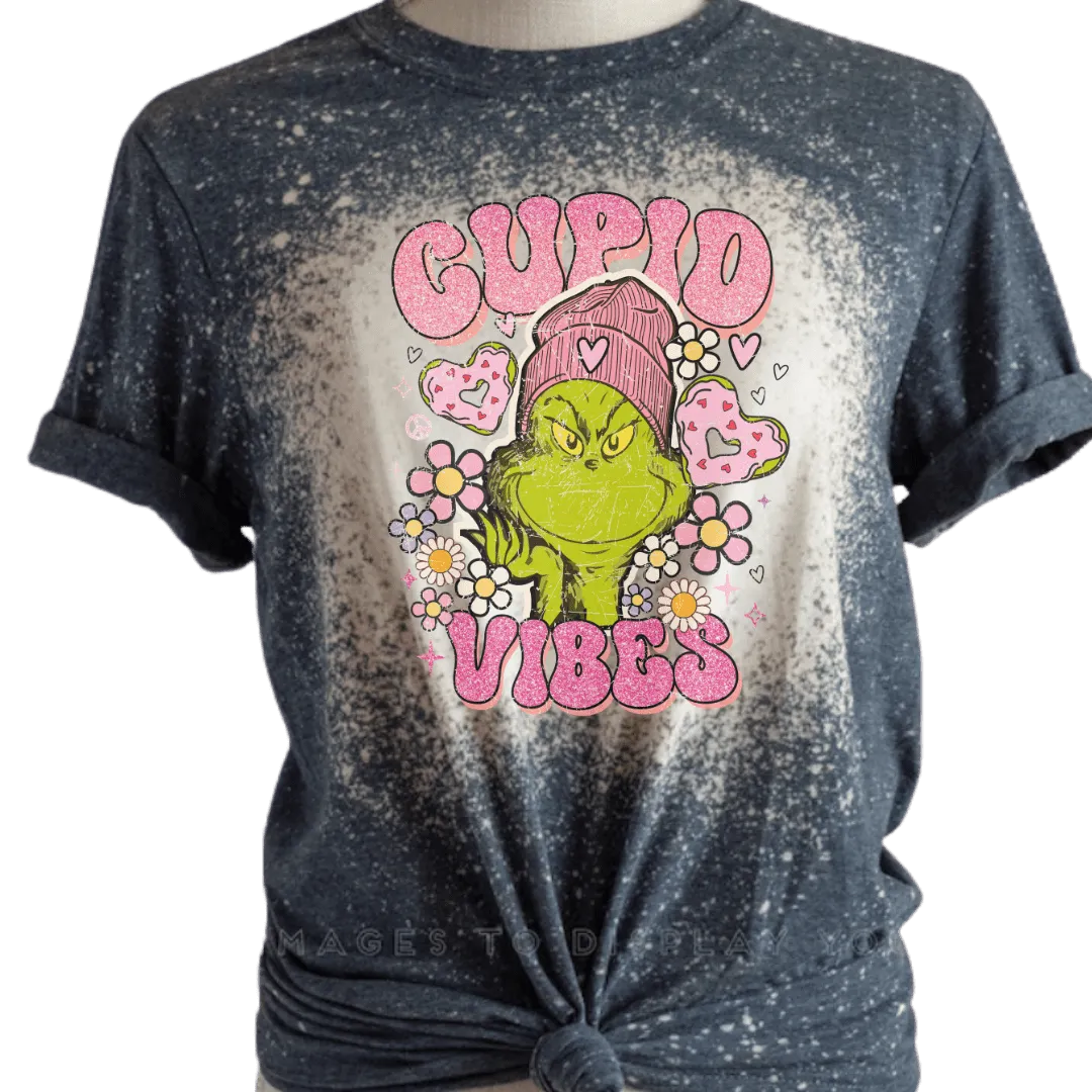 Cupid Vibes Grinch Valentines Custom Bleached T-Shirt
