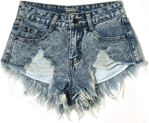 Denim Shorts for Women Trendy Ripped Hole Low Waist Slim Summer Hot Casual Tassel Jean Shorts with Pockets