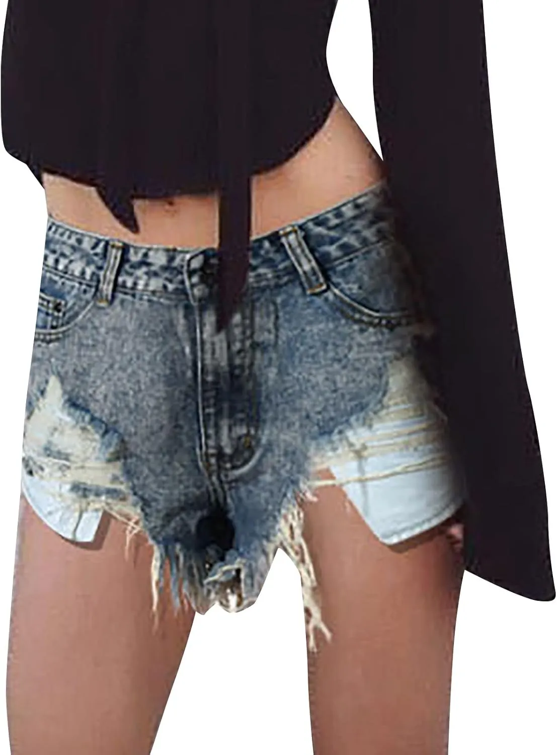 Denim Shorts for Women Trendy Ripped Hole Low Waist Slim Summer Hot Casual Tassel Jean Shorts with Pockets