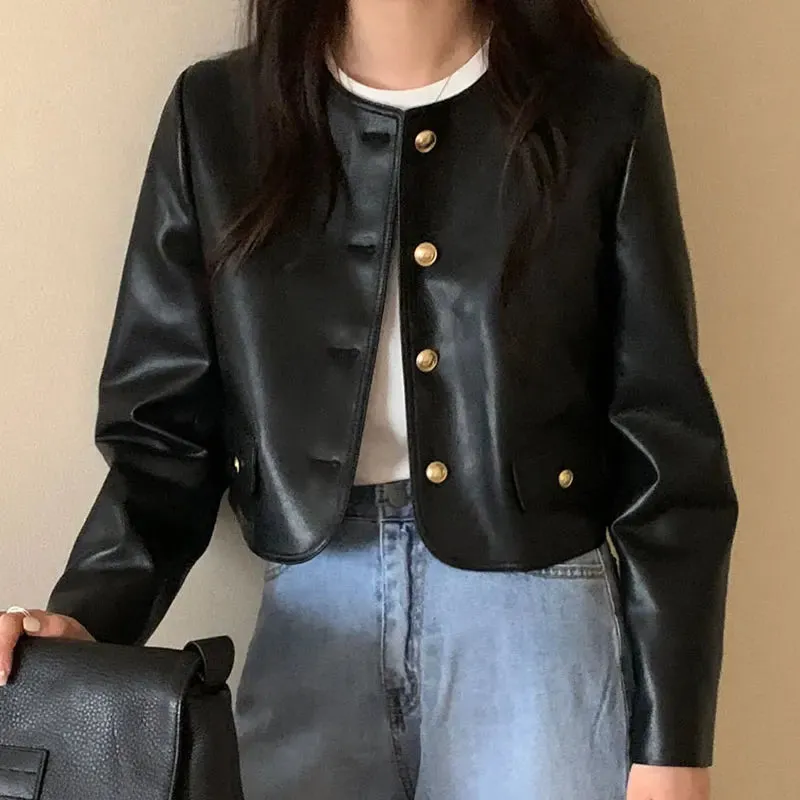 Fashionkova Korean style Black Jackets Women  New Fashion Vintage Single Breasted Leather Jacket Women Streetwear O Neck Short Jackets