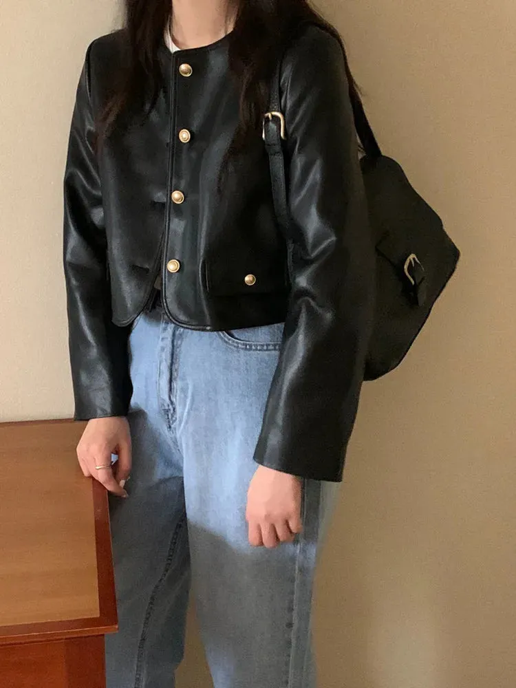Fashionkova Korean style Black Jackets Women  New Fashion Vintage Single Breasted Leather Jacket Women Streetwear O Neck Short Jackets