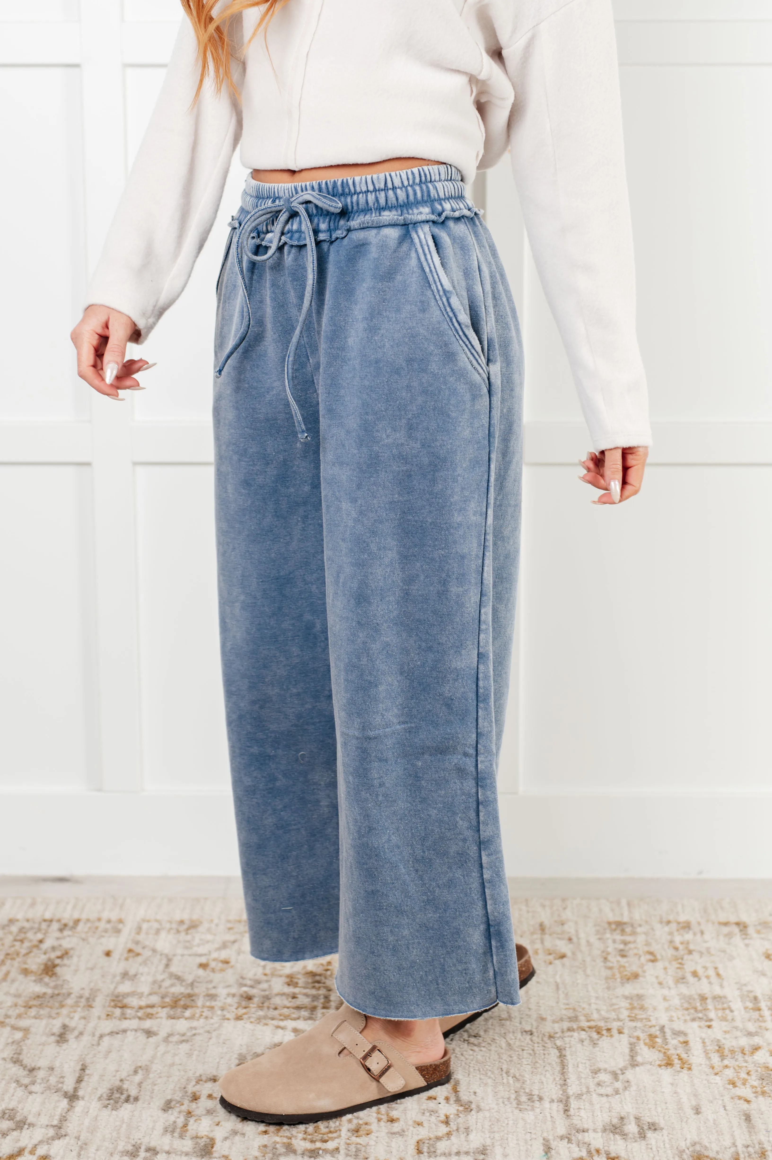 Free Time Soft Fleece Wide Leg Cropped Pants in Dusty Blue (Small to 3X)