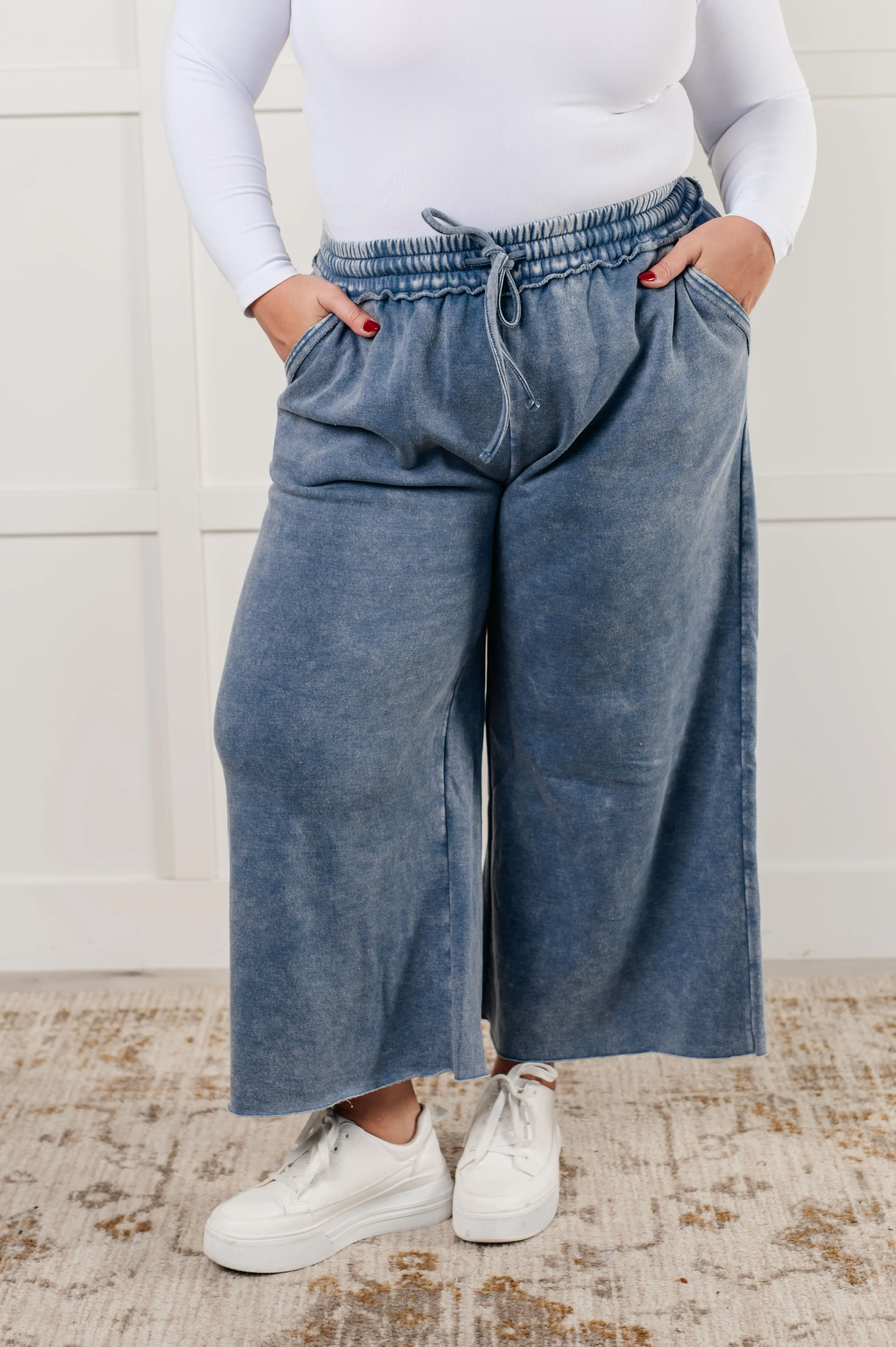 Free Time Soft Fleece Wide Leg Cropped Pants in Dusty Blue (Small to 3X)