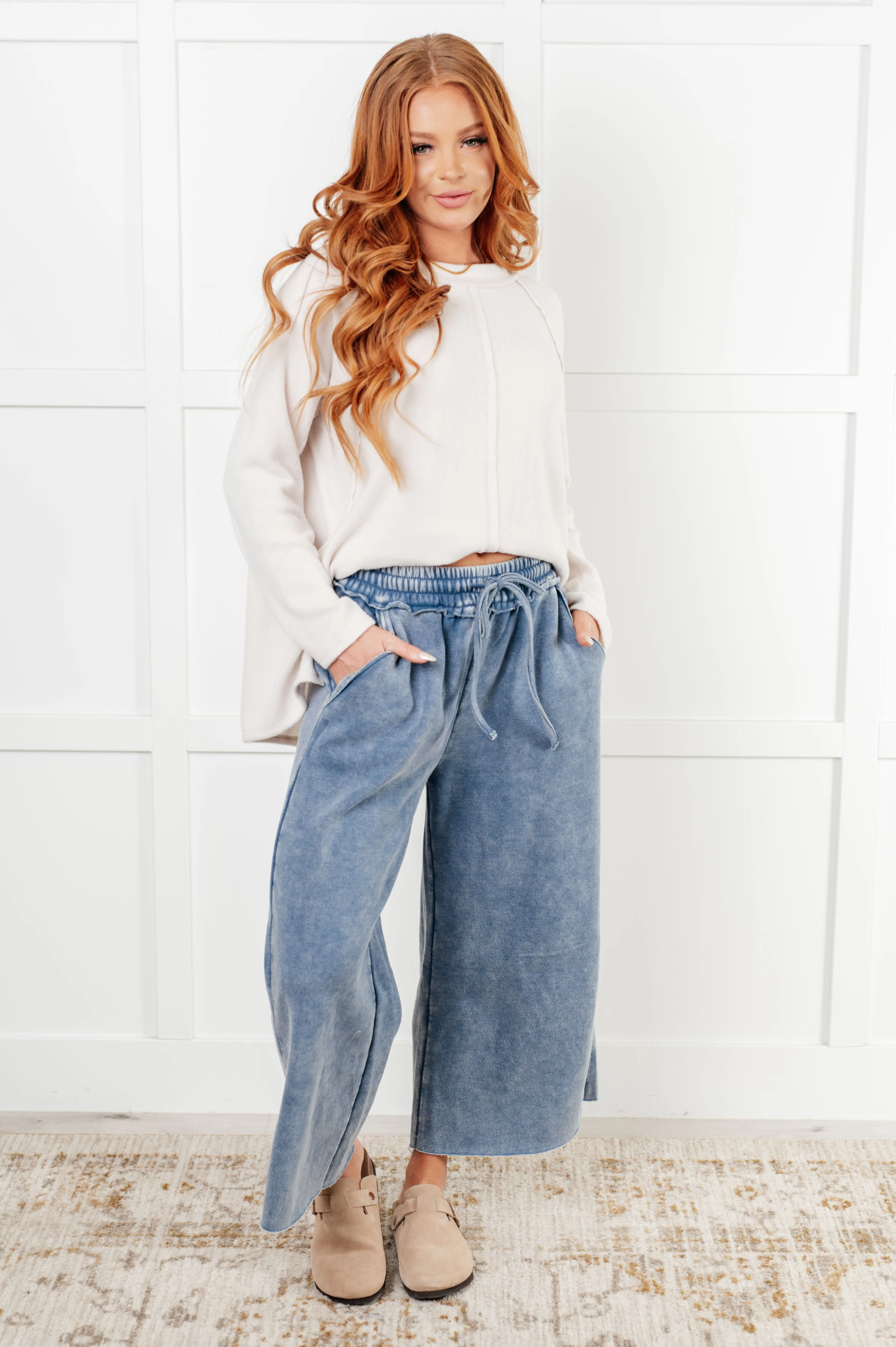 Free Time Soft Fleece Wide Leg Cropped Pants in Dusty Blue (Small to 3X)