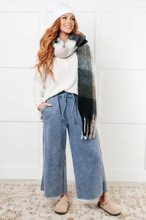 Free Time Soft Fleece Wide Leg Cropped Pants in Dusty Blue (Small to 3X)
