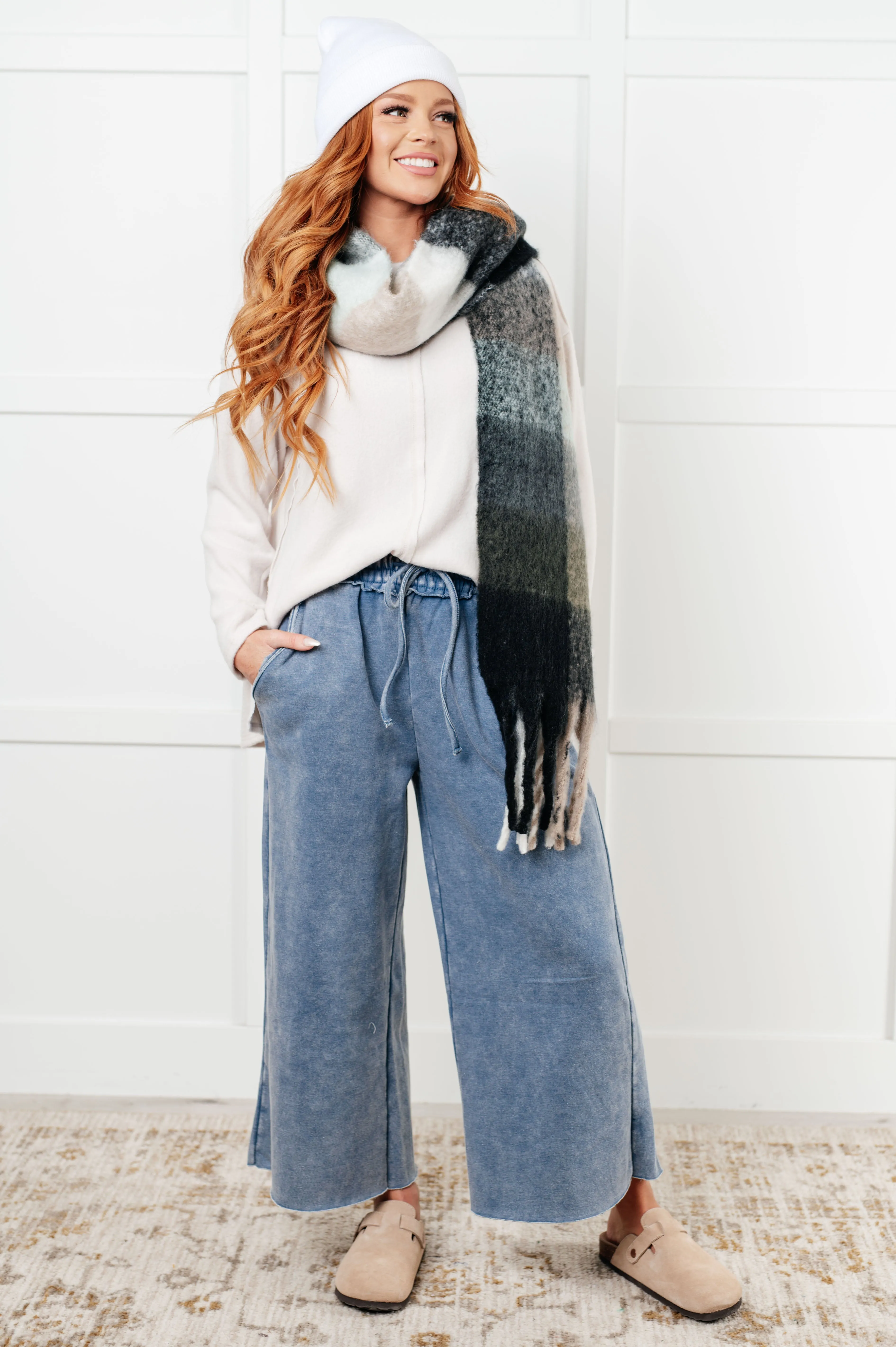 Free Time Soft Fleece Wide Leg Cropped Pants in Dusty Blue (Small to 3X)