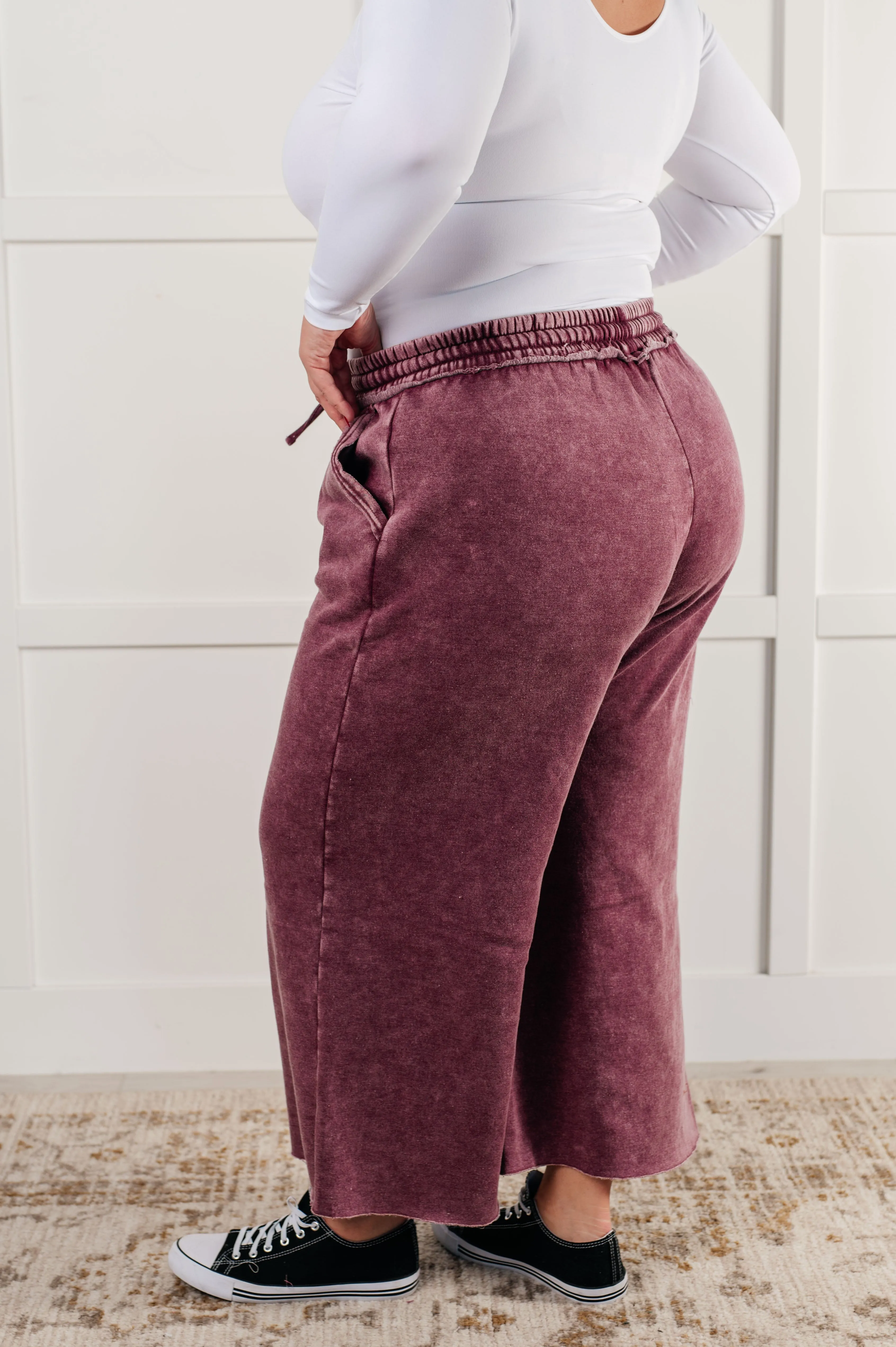 Free Time Soft Fleece Wide Leg Cropped Pants in Eggplant (Small to 3XL)