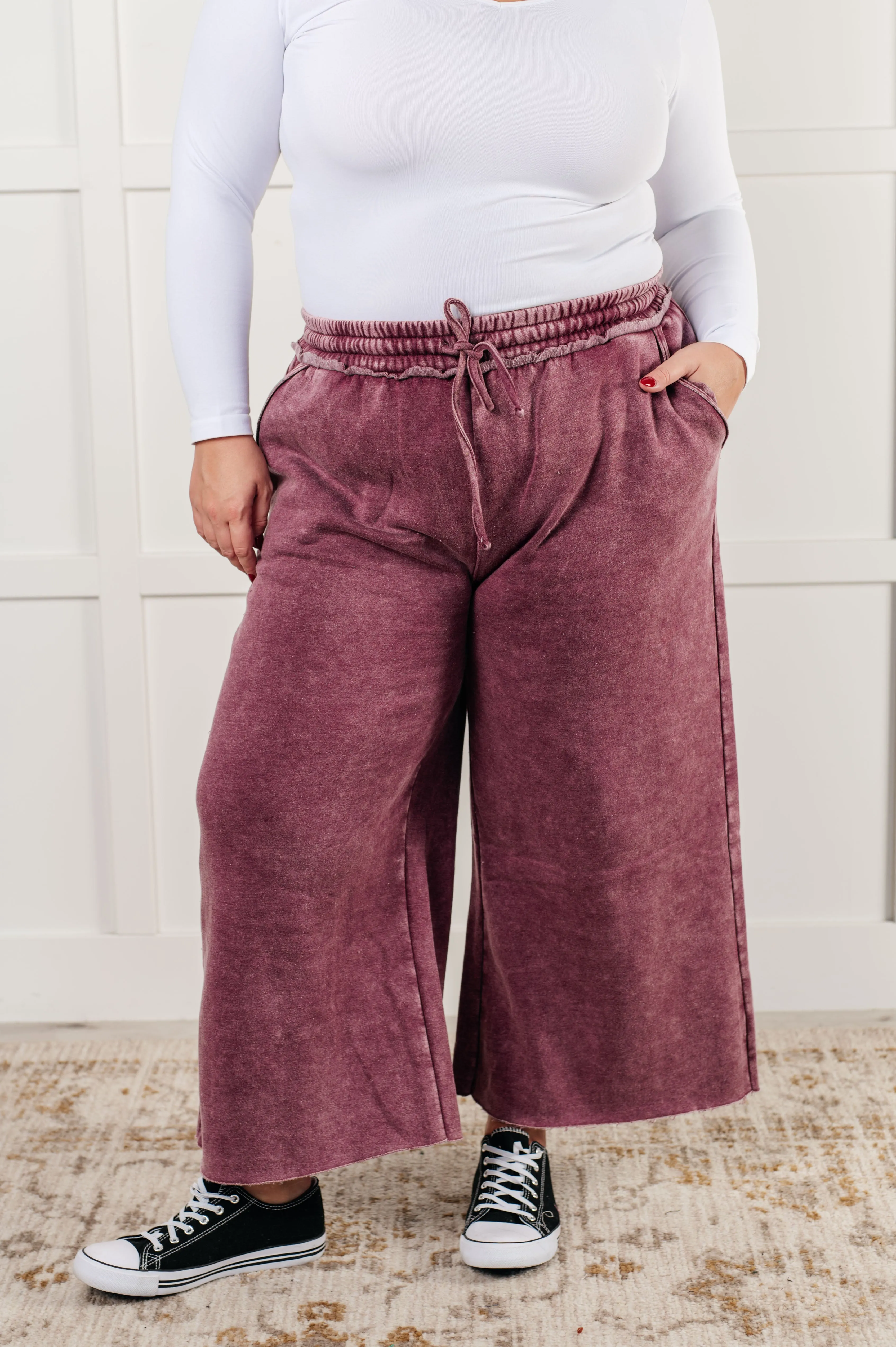 Free Time Soft Fleece Wide Leg Cropped Pants in Eggplant (Small to 3XL)