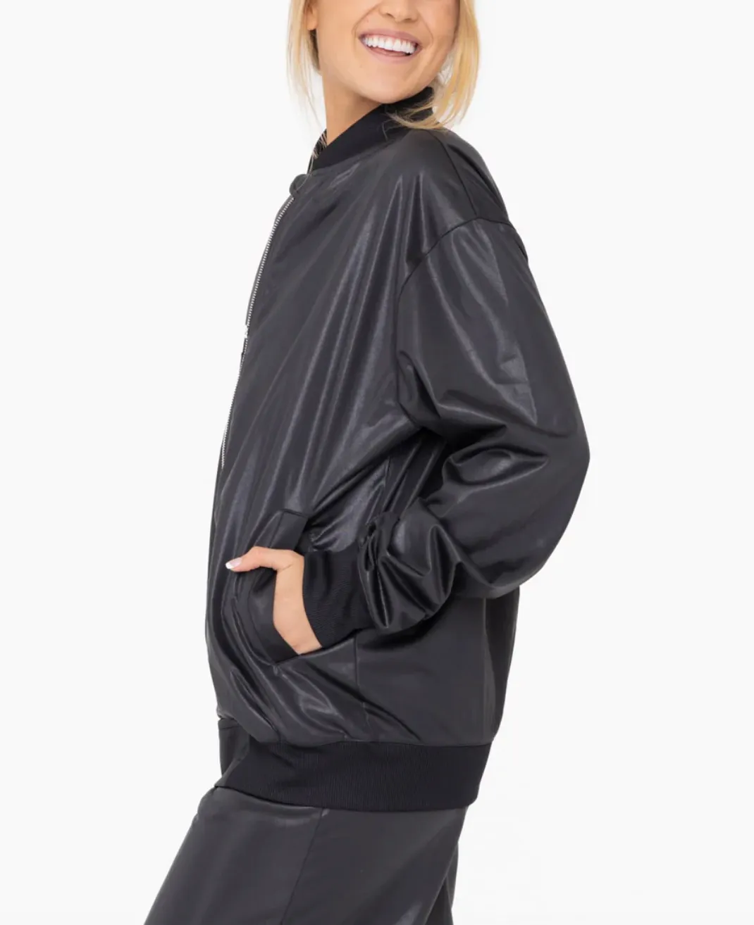 glossy leather look bomber jacket