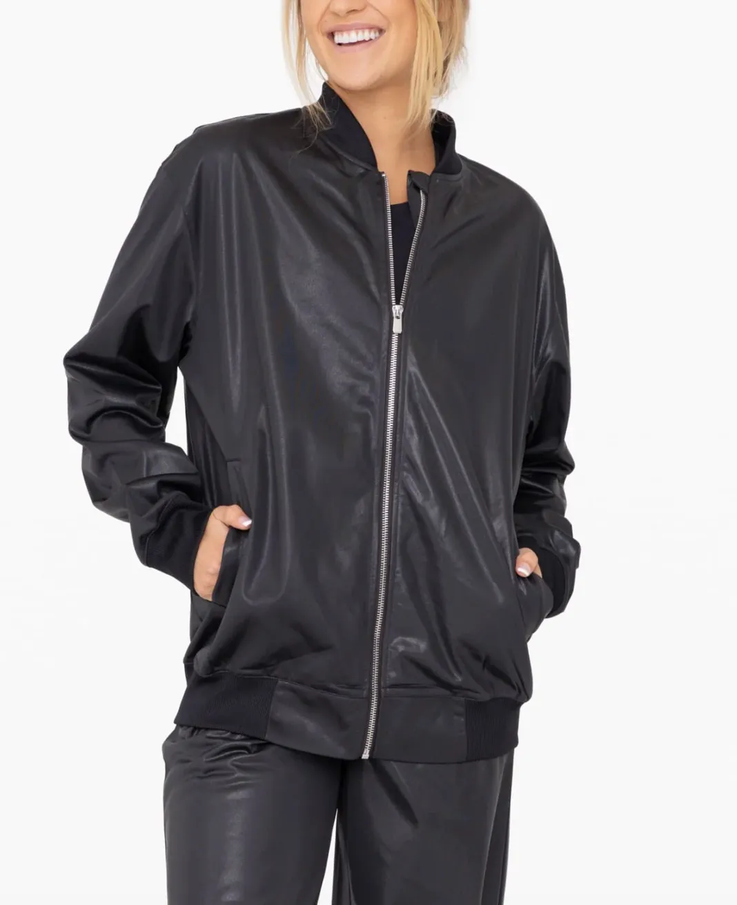 glossy leather look bomber jacket