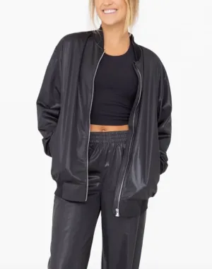glossy leather look bomber jacket
