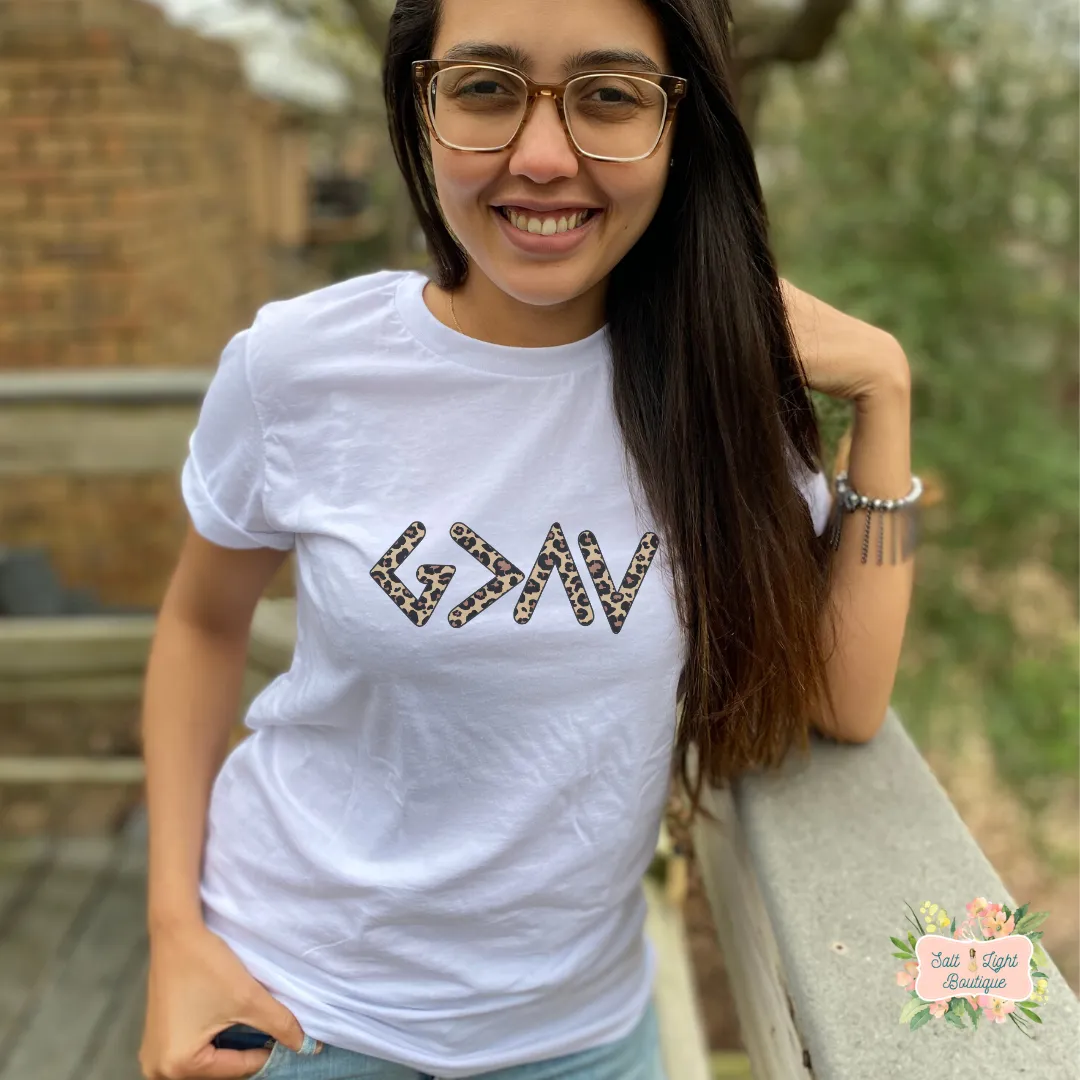 GOD IS GREATER THAN THE HIGHS AND LOWS - LEOPARD PRINT - SHORT SLEEVE WOMEN'S T-SHIRT | UNISEX CUT