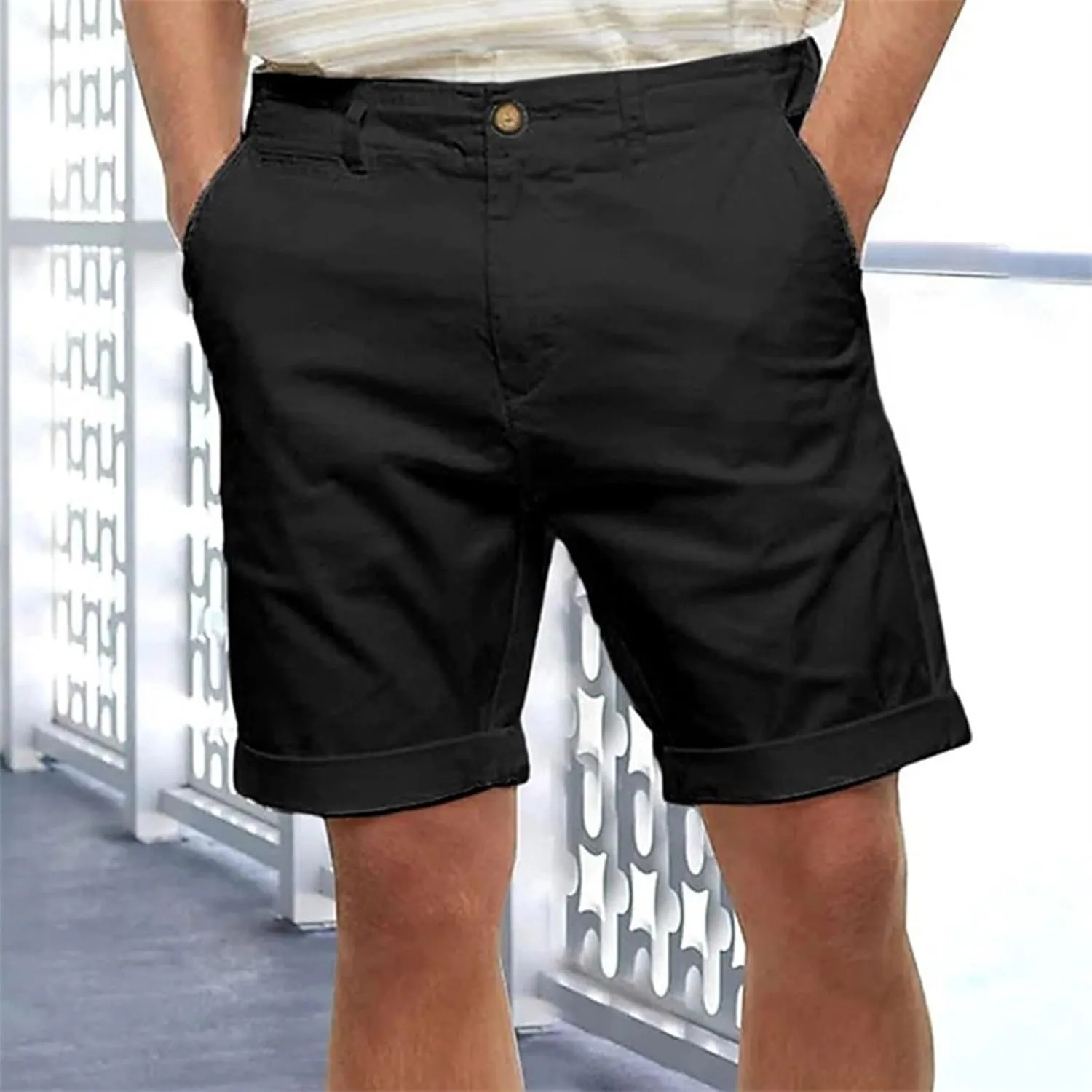 Mens Cotton Linen Shorts Casual Elastic Waist Drawstring Summer Beach Golf Shorts with Pockets