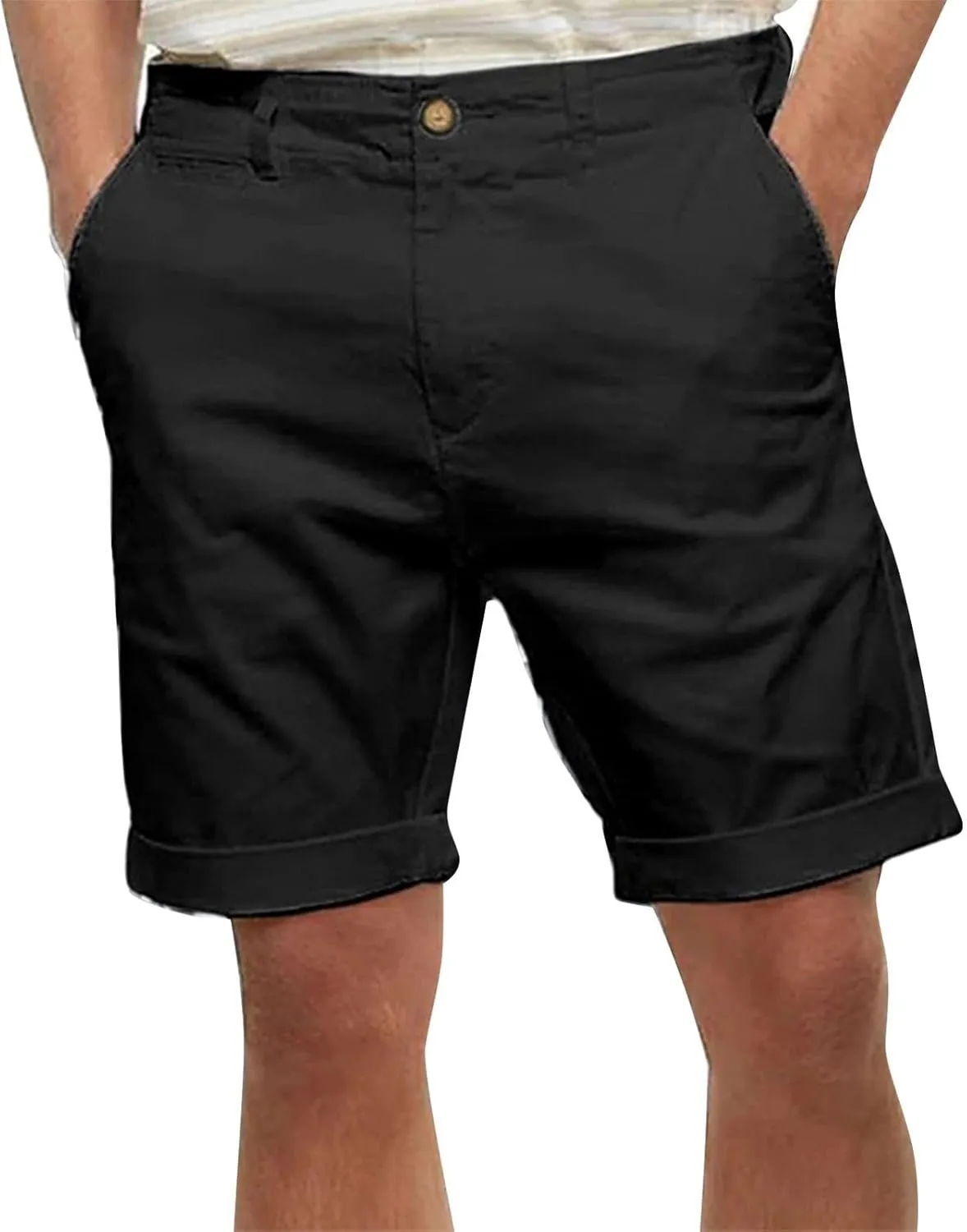 Mens Cotton Linen Shorts Casual Elastic Waist Drawstring Summer Beach Golf Shorts with Pockets