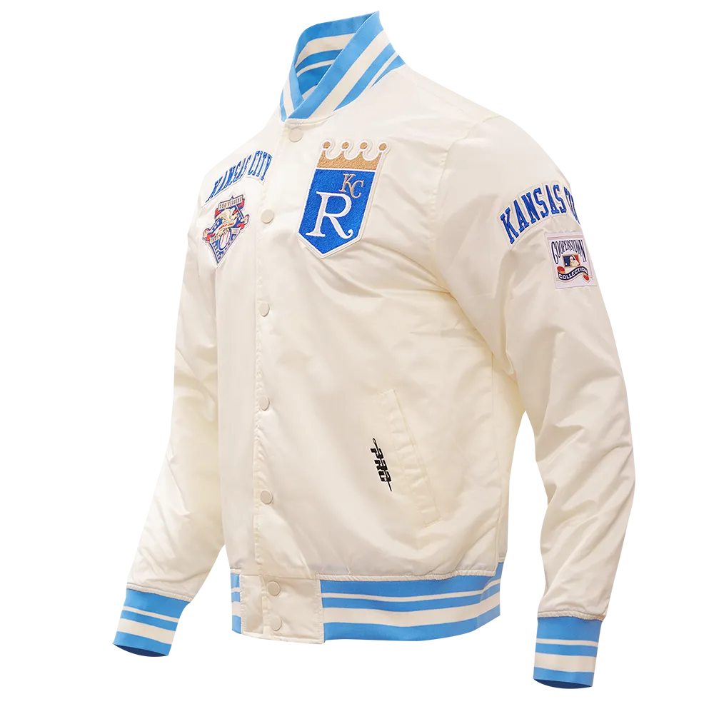 MLB KANSAS CITY ROYALS RETRO CLASSIC MEN'S RIB SATIN JACKET (EGGSHELL/ UNIVERSITY BLUE)