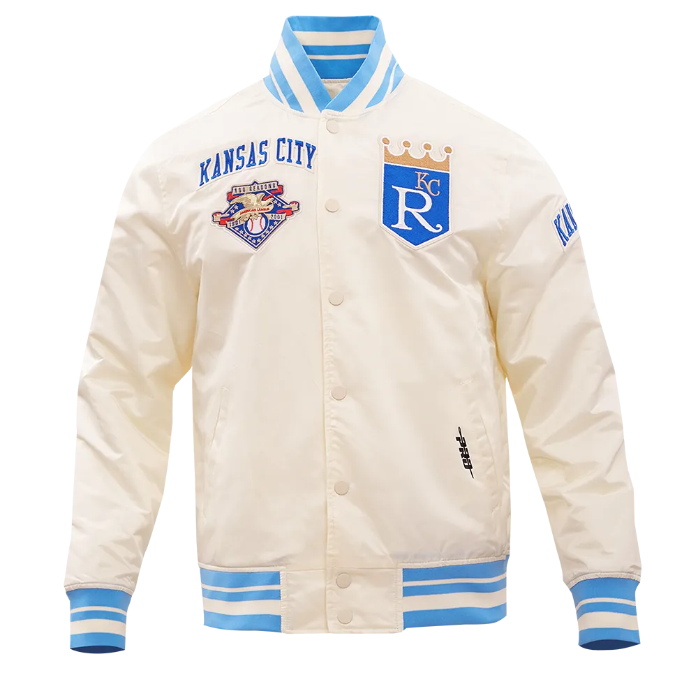 MLB KANSAS CITY ROYALS RETRO CLASSIC MEN'S RIB SATIN JACKET (EGGSHELL/ UNIVERSITY BLUE)