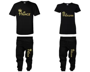 Prince & Princess Couple Matching T-Shirts & Jogger Pants – 4-Piece Set: Men’s and Women’s Styles Sold Separately in Gold Foil Design