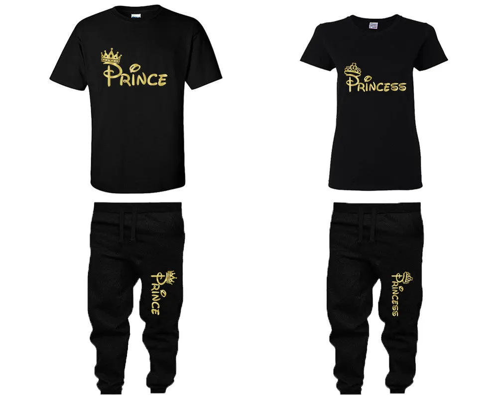 Prince & Princess Couple Matching T-Shirts & Jogger Pants – 4-Piece Set: Men’s and Women’s Styles Sold Separately in Gold Foil Design