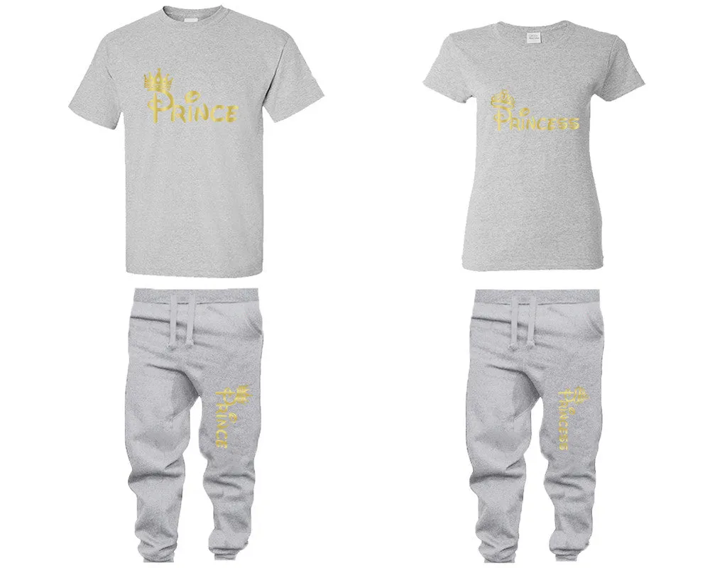 Prince & Princess Couple Matching T-Shirts & Jogger Pants – 4-Piece Set: Men’s and Women’s Styles Sold Separately in Gold Foil Design