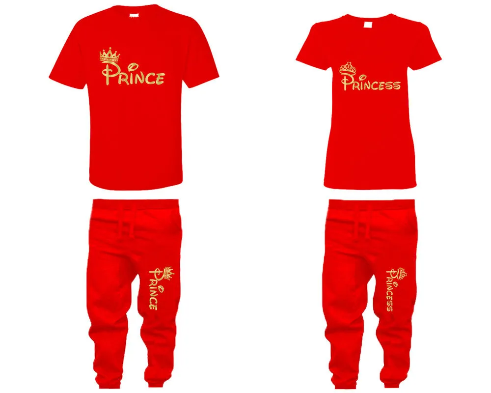 Prince & Princess Couple Matching T-Shirts & Jogger Pants – 4-Piece Set: Men’s and Women’s Styles Sold Separately in Gold Foil Design