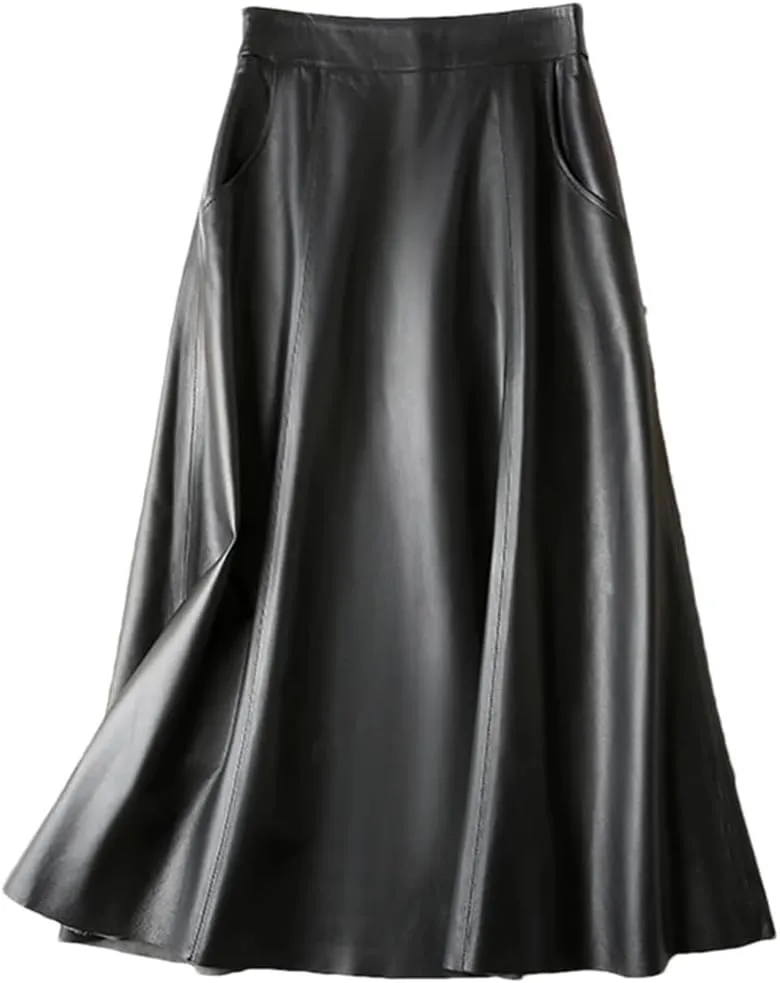 Pulcykp Women Leather A-Line Midi Skirt High Waist Umbrella Skirt Solid Pockets Big Hem Skirt