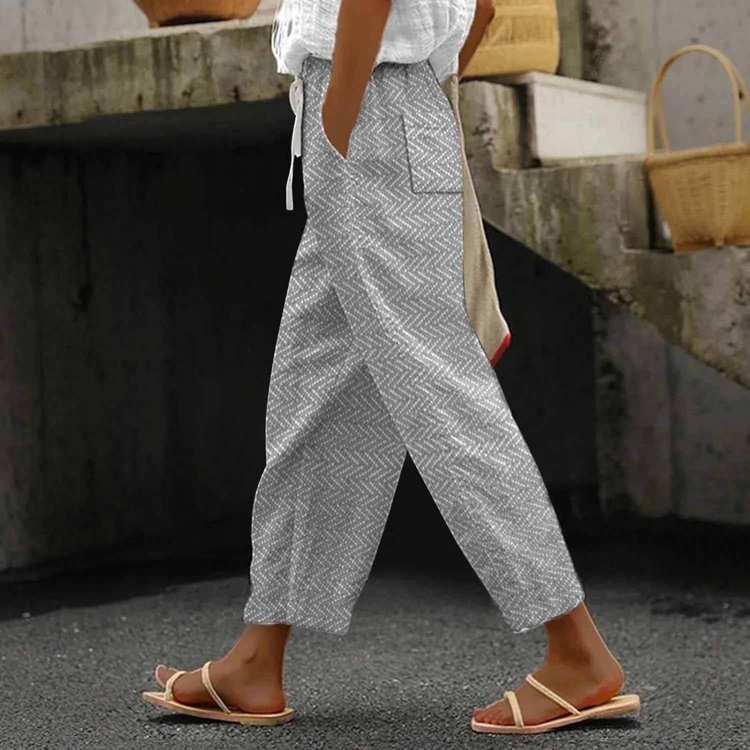 Summer Capri Pants for Women 2024 Flax Elastic Long Pants Beach Leisure Trousers Women's Summer Casual Linen Pants