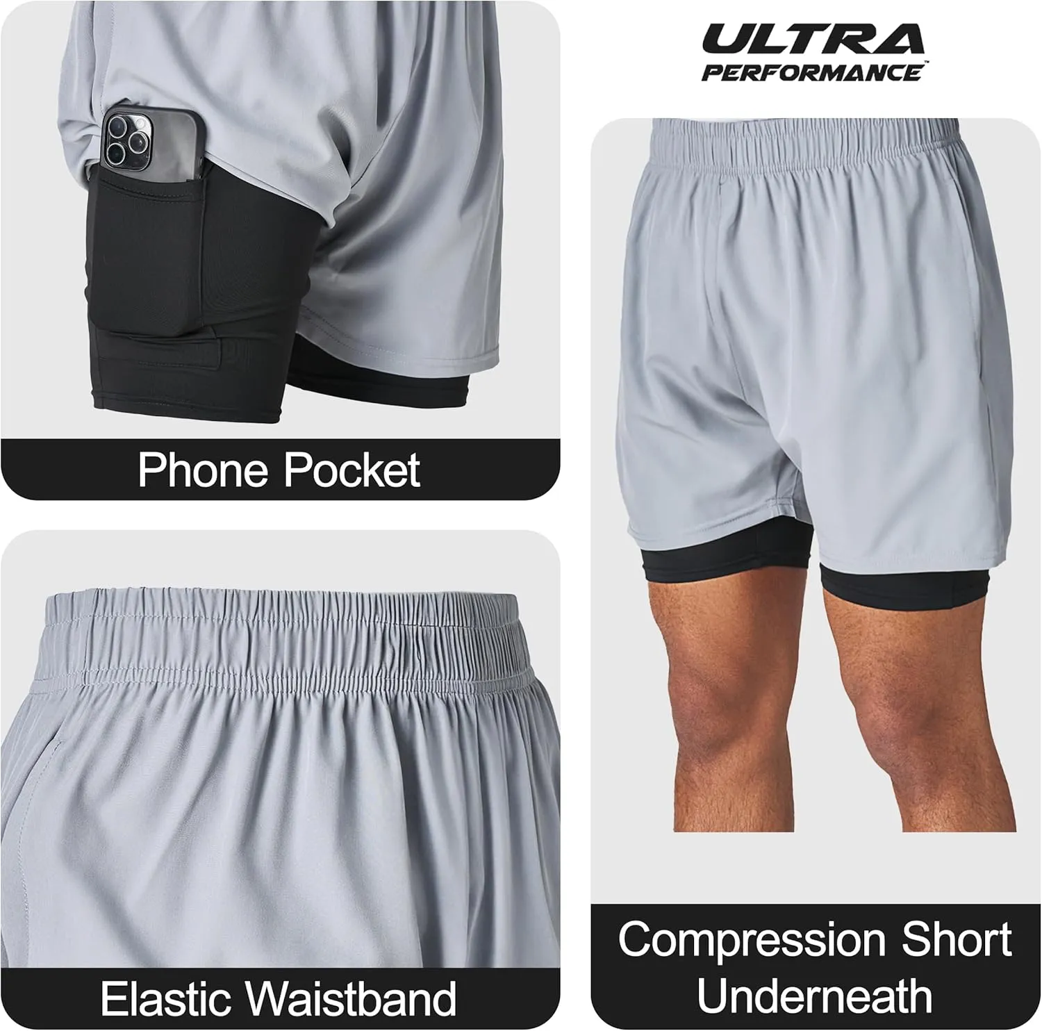 Ultra Performance Men's Athletic 2 in 1 Compression Shorts 2 Pack Mens Gym Workout Running Shorts for Men, 5 Inch Inseam