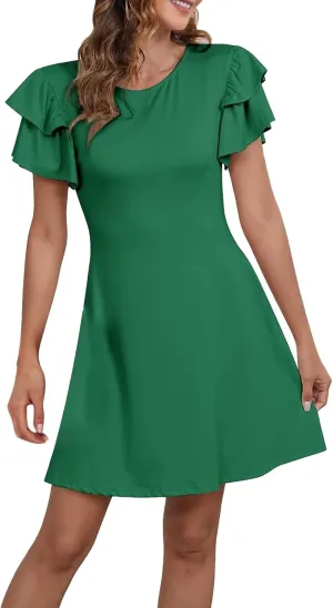 Women Ruffle Sleeve Elegant Wedding Mini Dress 2024 Summer A-Line Beach Dresses High Waisted Slim Sundress with Pocket