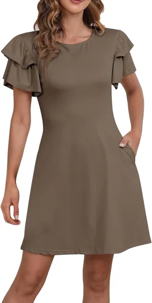 Women Ruffle Sleeve Elegant Wedding Mini Dress 2024 Summer A-Line Beach Dresses High Waisted Slim Sundress with Pocket