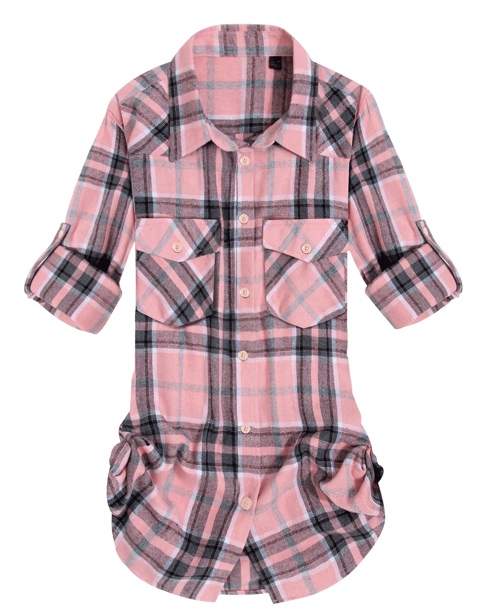 Womens Plaid Flannel Shirts Long Sleeve Roll Up Casual Button Down Shirt