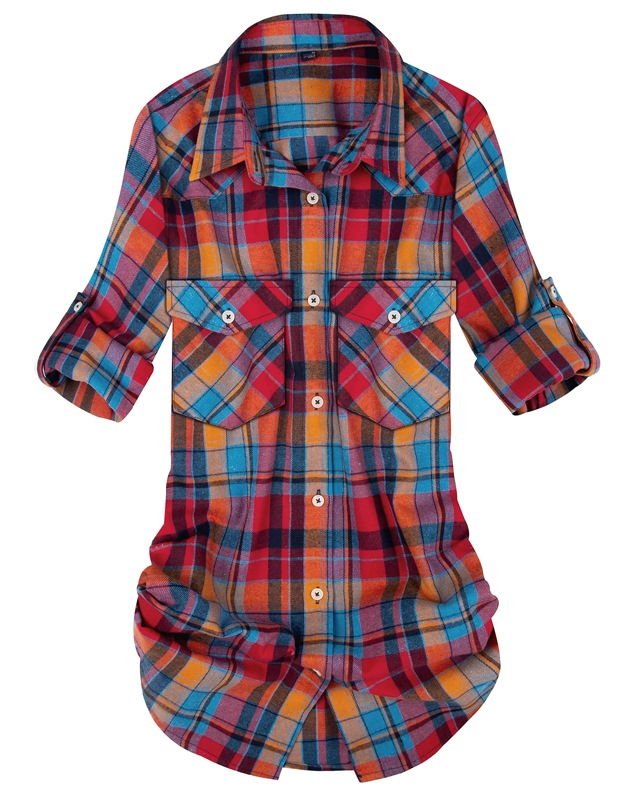Womens Plaid Flannel Shirts Long Sleeve Roll Up Casual Button Down Shirt