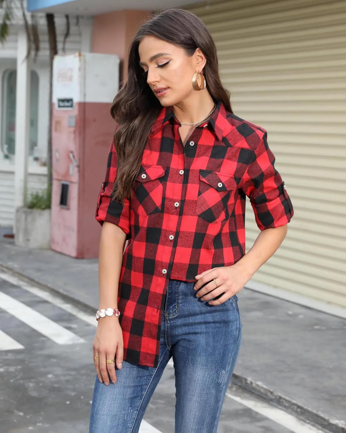Womens Plaid Flannel Shirts Long Sleeve Roll Up Casual Button Down Shirt