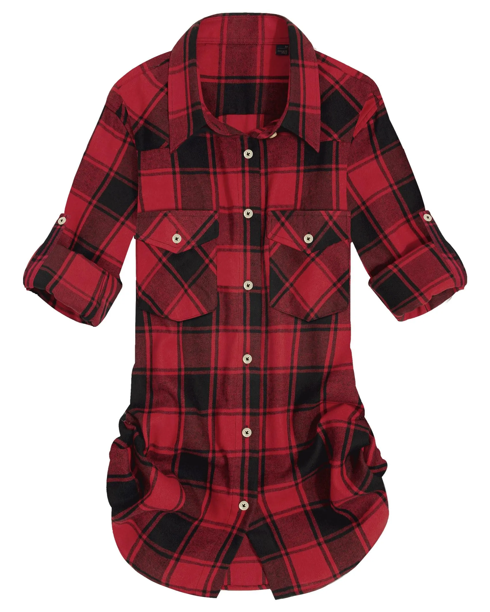Womens Plaid Flannel Shirts Long Sleeve Roll Up Casual Button Down Shirt