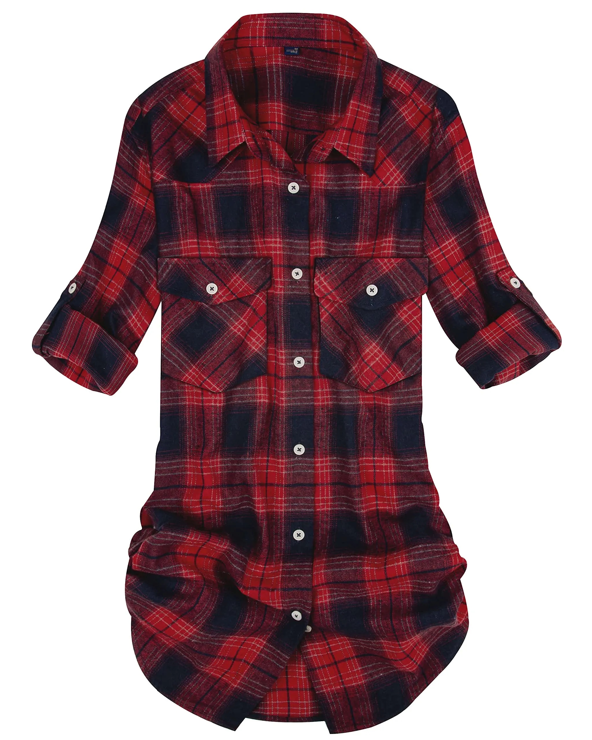 Womens Plaid Flannel Shirts Long Sleeve Roll Up Casual Button Down Shirt
