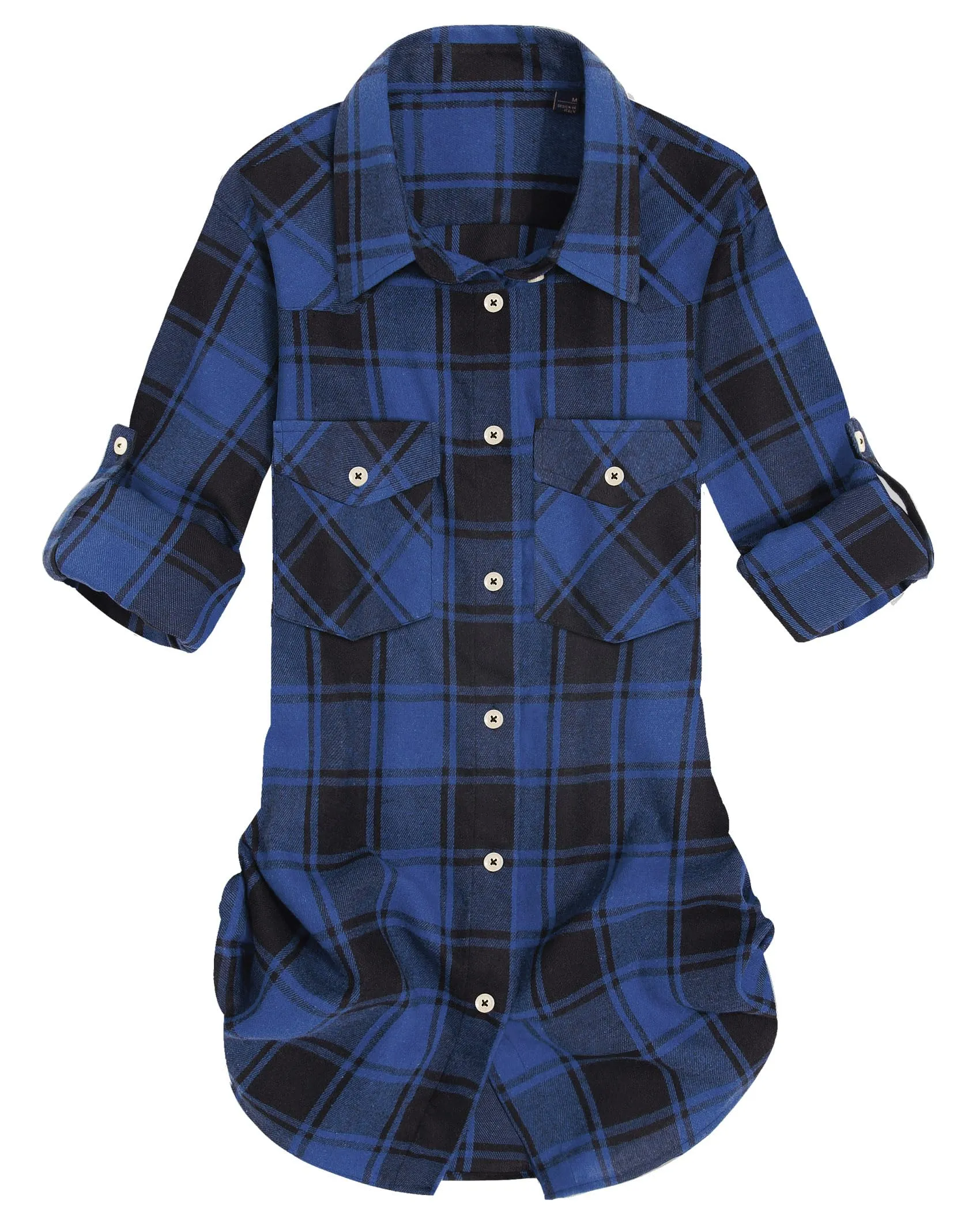 Womens Plaid Flannel Shirts Long Sleeve Roll Up Casual Button Down Shirt