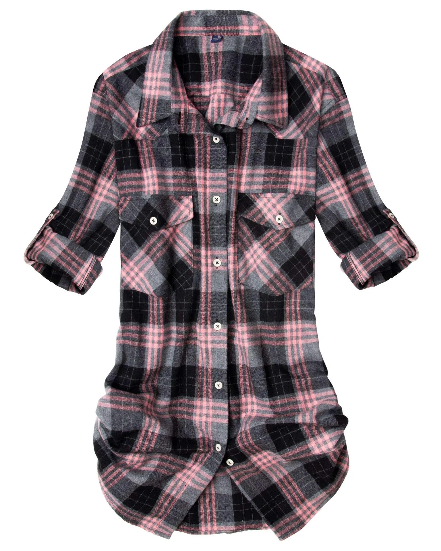 Womens Plaid Flannel Shirts Long Sleeve Roll Up Casual Button Down Shirt
