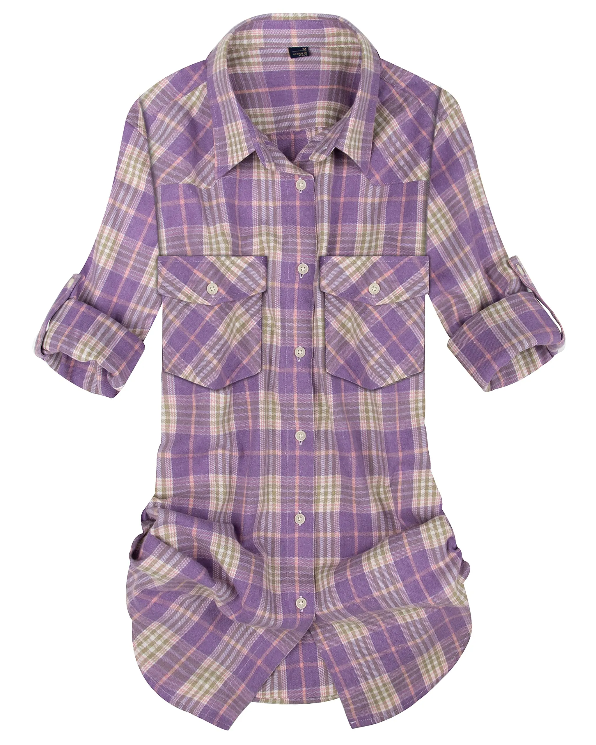 Womens Plaid Flannel Shirts Long Sleeve Roll Up Casual Button Down Shirt