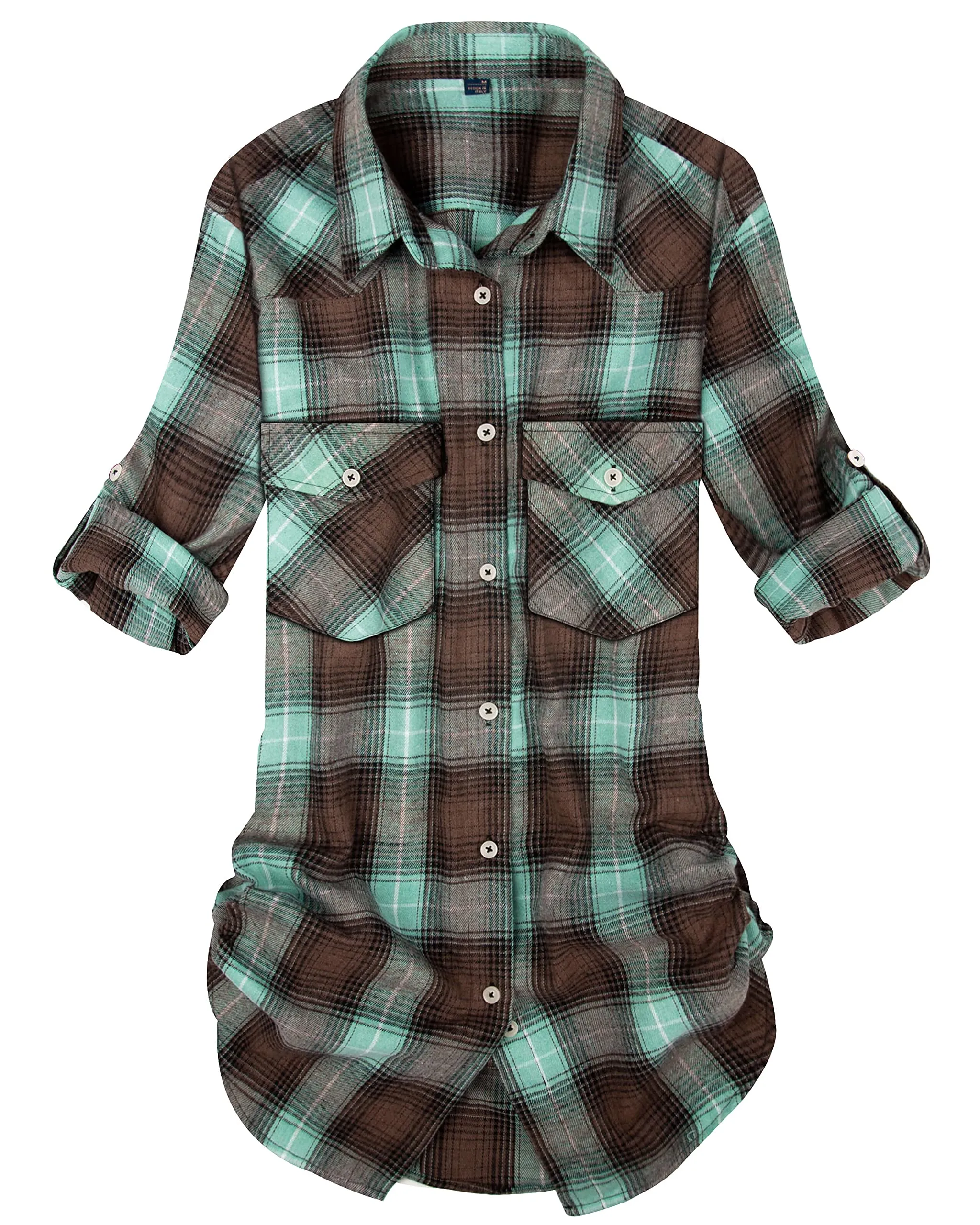 Womens Plaid Flannel Shirts Long Sleeve Roll Up Casual Button Down Shirt