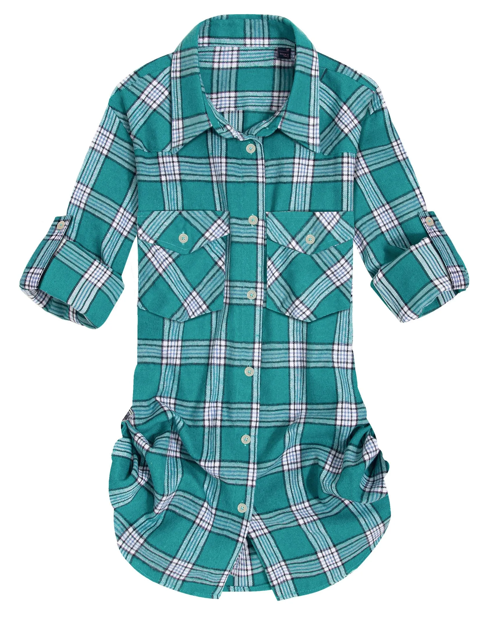 Womens Plaid Flannel Shirts Long Sleeve Roll Up Casual Button Down Shirt
